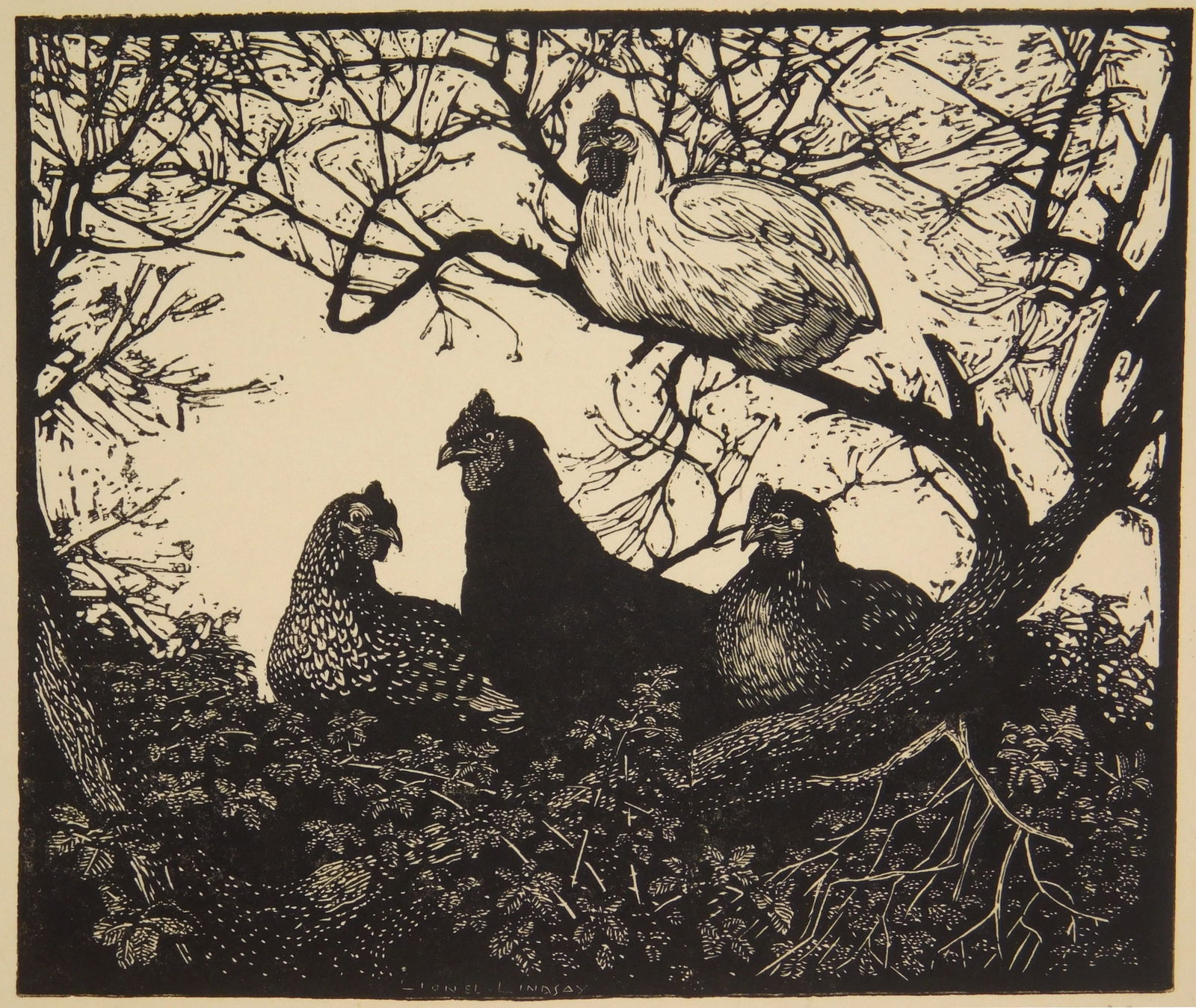 Lionel Lindsay (Australian, 1874-1961) woodcut: The Roost wood engraving, 1937, signed, titled and dated in pencil. 3 3/4 x 4 3/8" Provenance: Private collection- Cleveland Heights, OH *** PLEASE READ: IMPORTANT NOTE About S&H