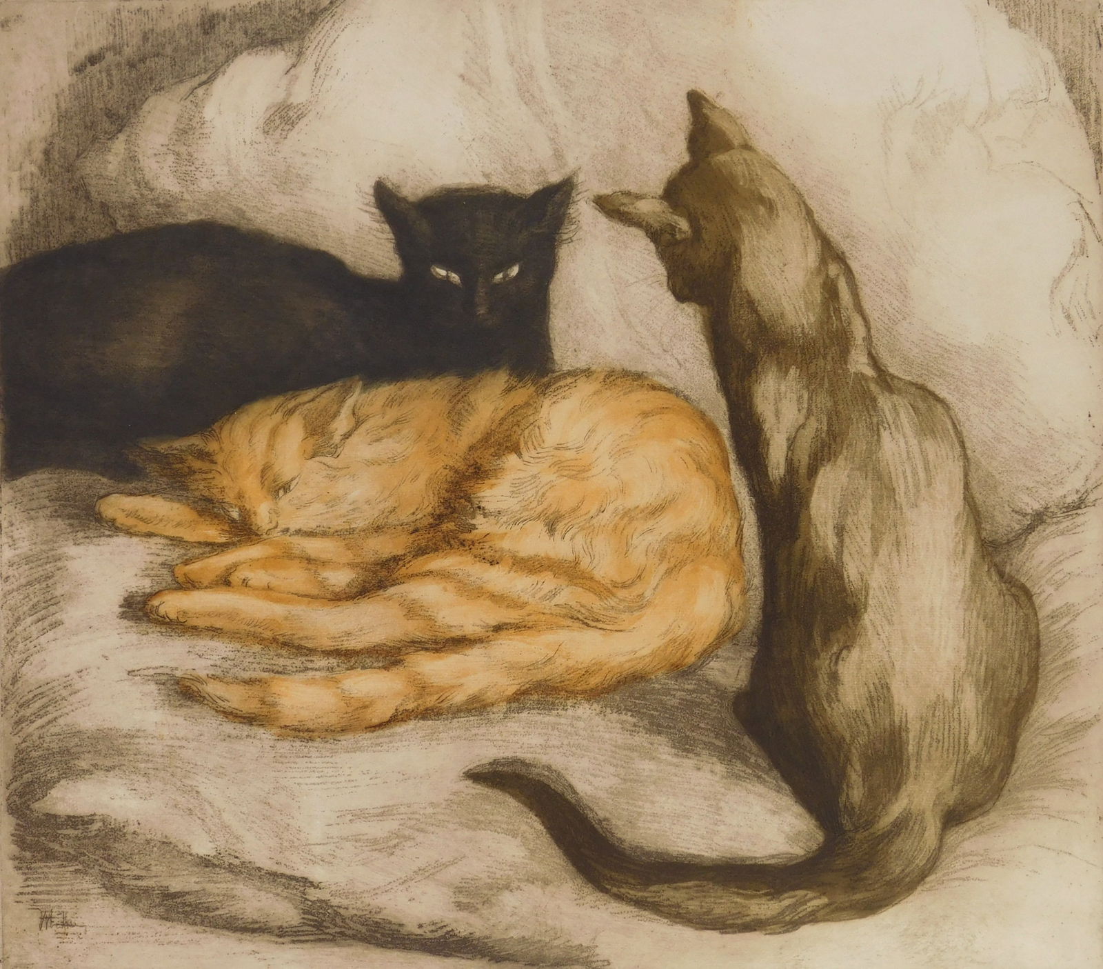 Alfredo Muller (Swiss, 1869-1939) etching and aquatint: Les Trois Chats etching with aquatint, printed in bistre with coloring, numbered 39/50 in pencil, published by Sagot. 18 1/2 x 20 7/8 Literature: Koehl E148 Provenance: Private collection-Clevel