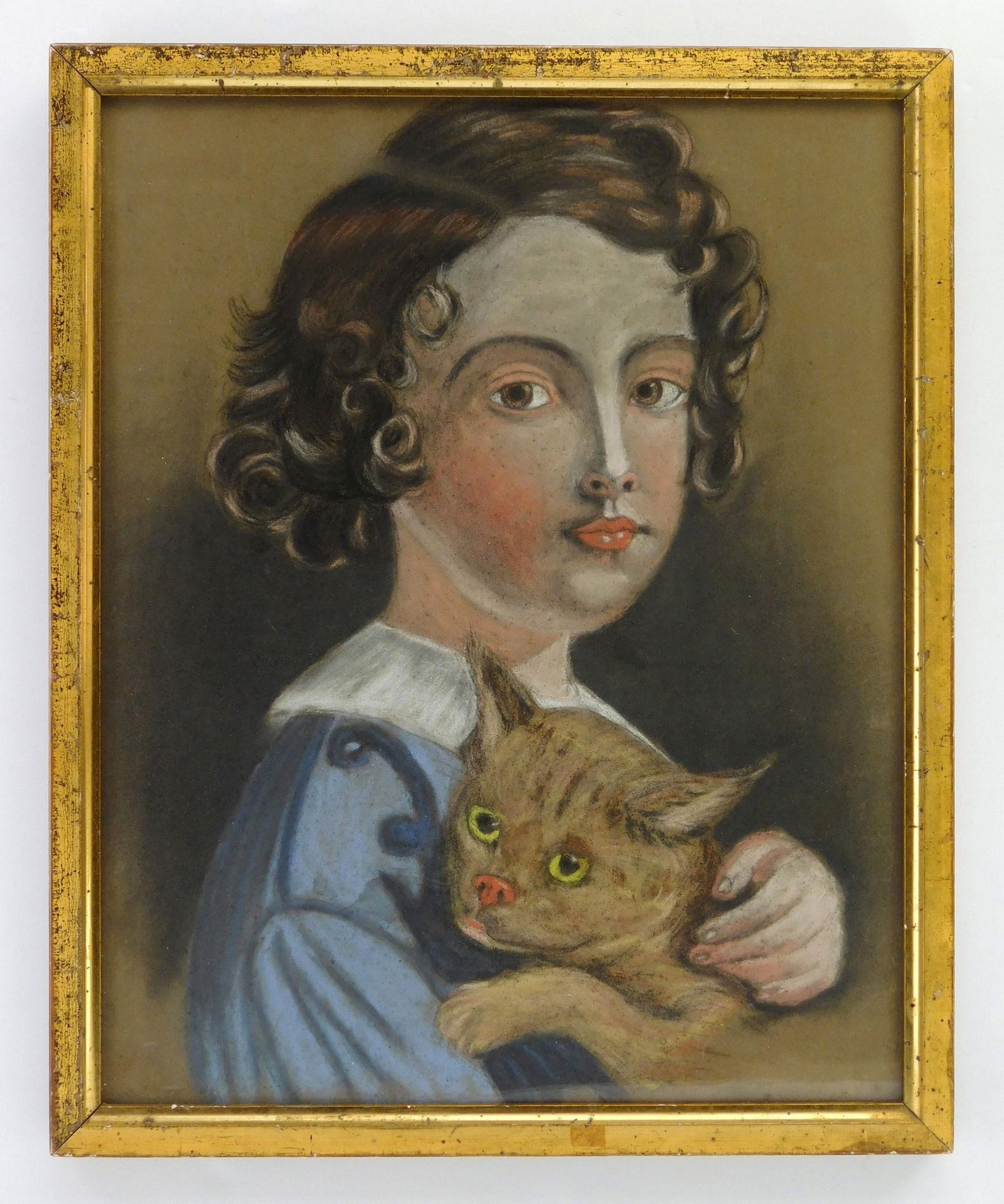 19th c. American School pastel: Boy with Cat pastel on paper, ca. 1850, framed. 14 x 11" Note on verso indicates work is from New Hampshire area. Provenance: Private collection- Lakewood, OH *** PLEA