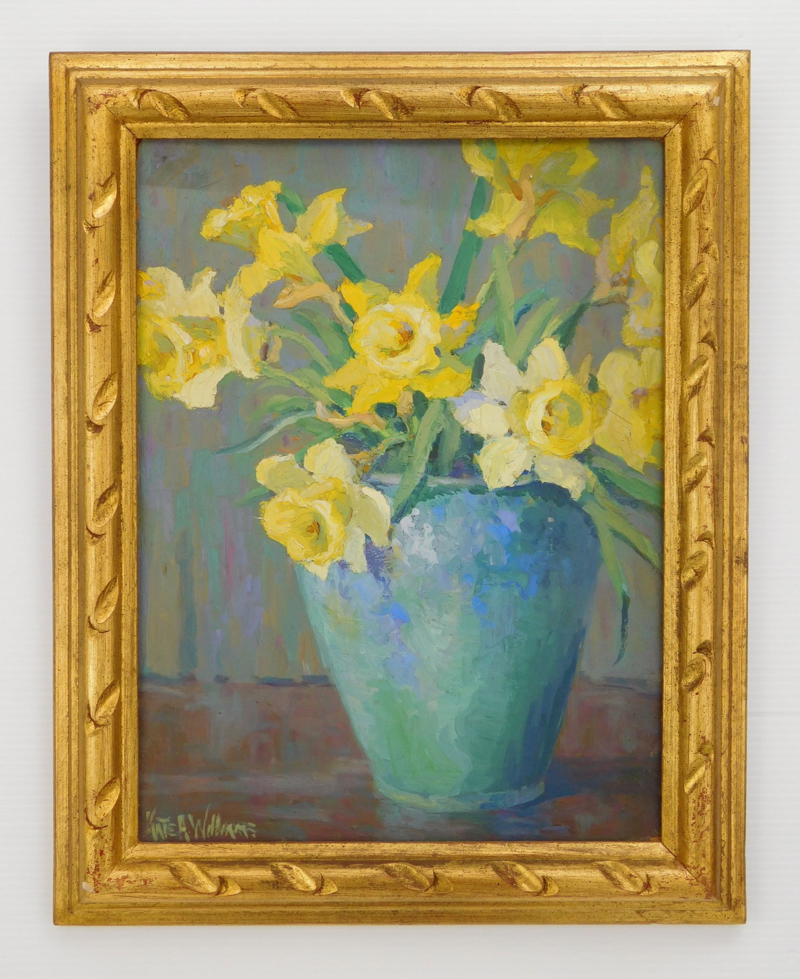 Kate A. Williams (American, 1877-1939) oil: Daffodils in a Vase oil on board, signed Kate A. Williams lower left, framed. 16 x 12" Provenance: Private collection- Cleveland, OH *** PLEASE READ: IMPORTANT NOTE About S