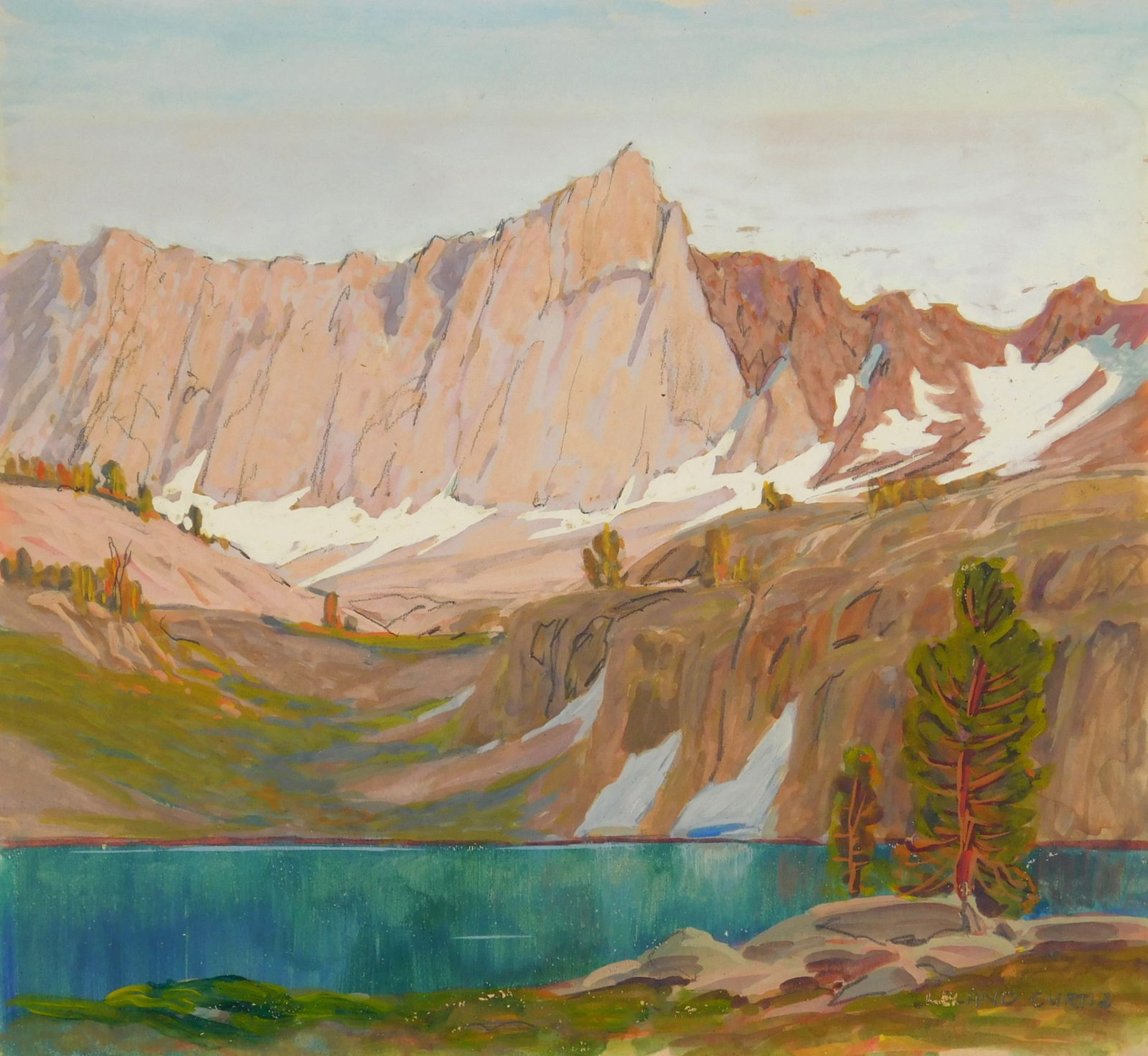 Leland Curtis (American, 1897-1989) gouache: Marion Lake at Evening gouache on board, signed Leland Curtis in pencil lower right, also signed and titled in pencil on the mat. Provenance: Private collection- New Orleans, LA