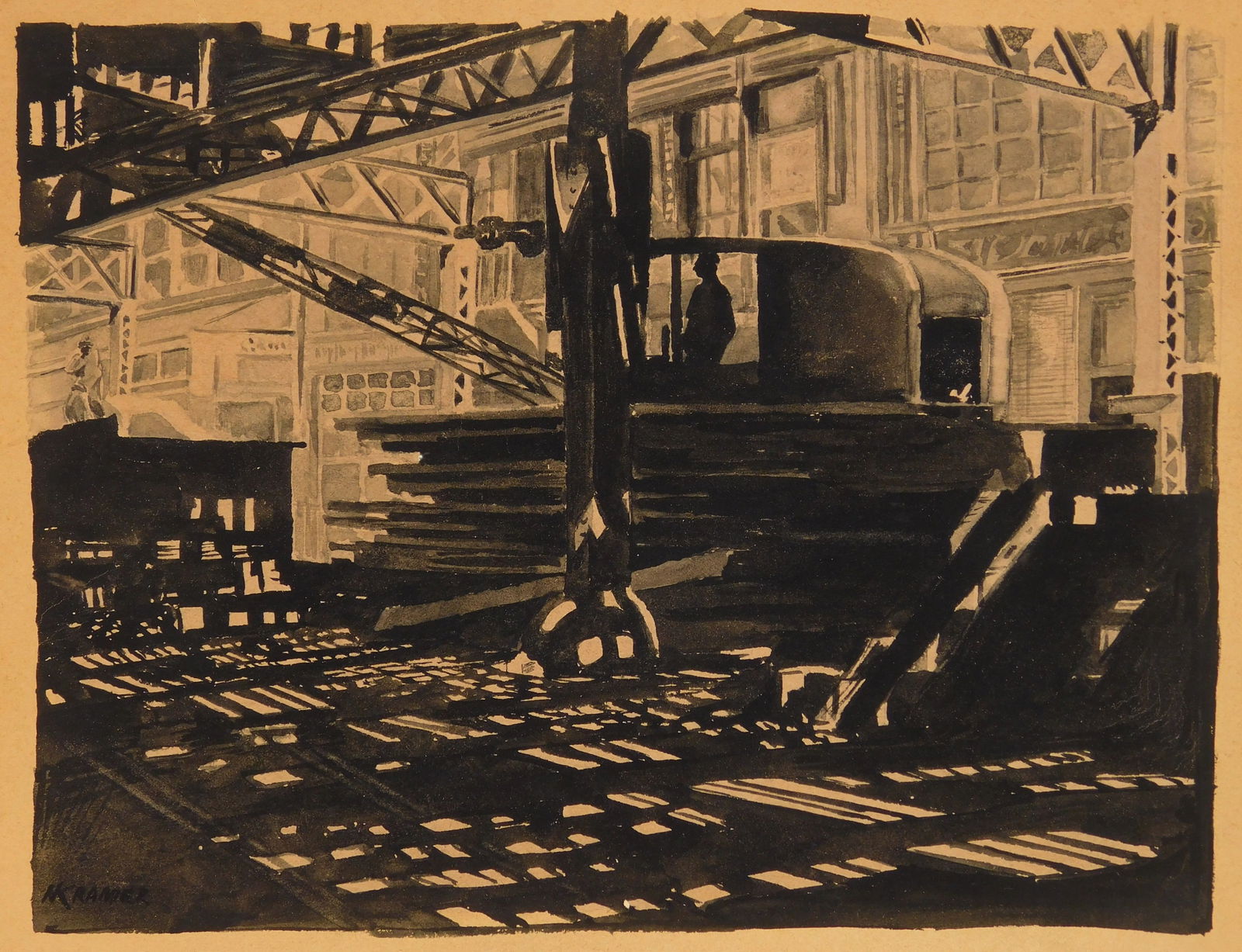 20th c. American School watercolor: Construction of the El pen and ink on paper, signed (N. Kramer?) lower left. 7 1/2 x 9 1/2" Provenance: Private collection- New Orleans, LA *** PLEASE READ: IMPORTANT NOTE About