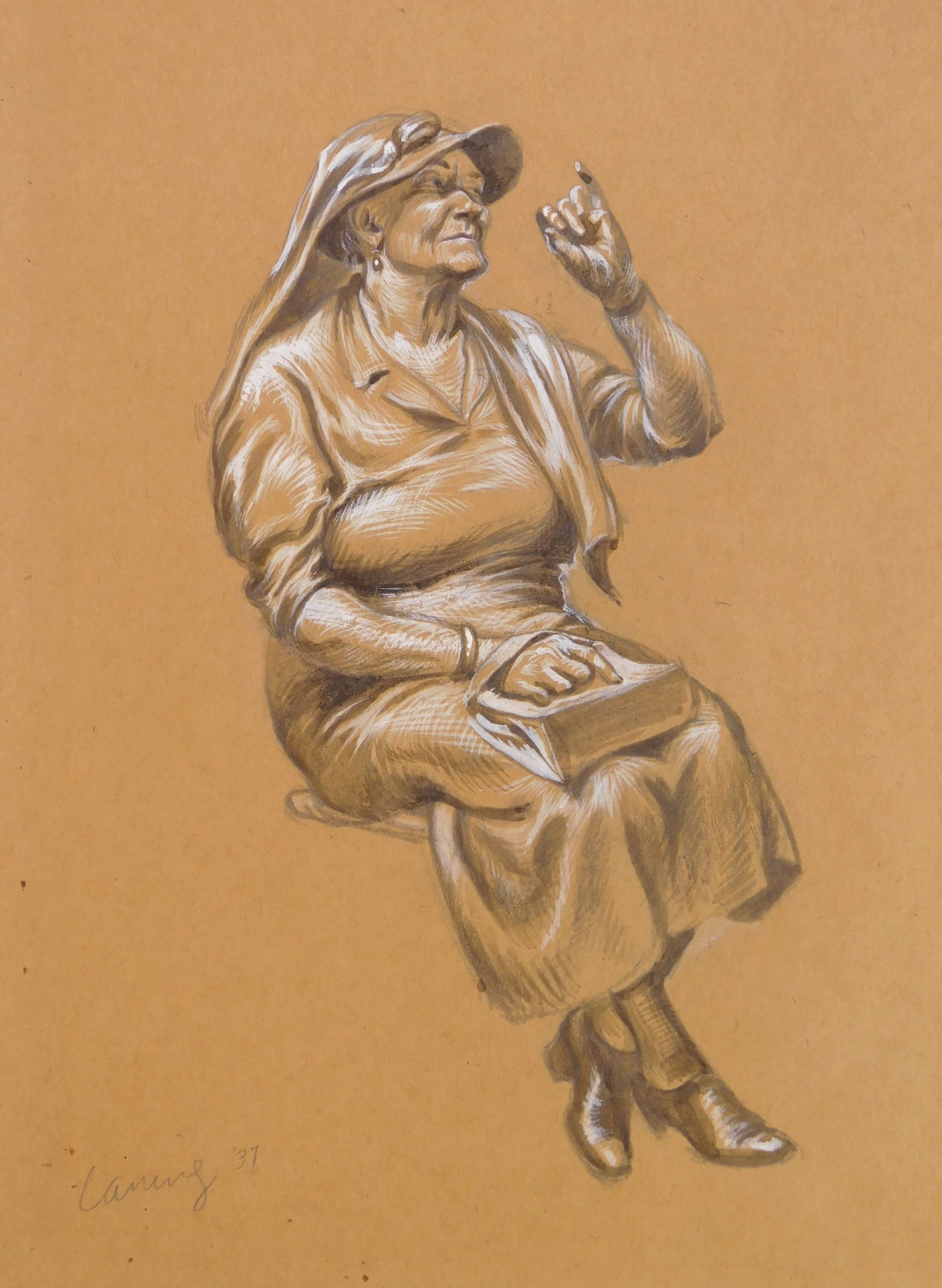 Edward Laning (American, 1906-1981) watercolor and gouache: Study for Seated Matron pencil and ink washes with Chinese white highlights on brown paper, 1937, signed Laning '37 lower left. 15 3/4 x 11 3/4" (sheet). This is a study for the oil&nbs