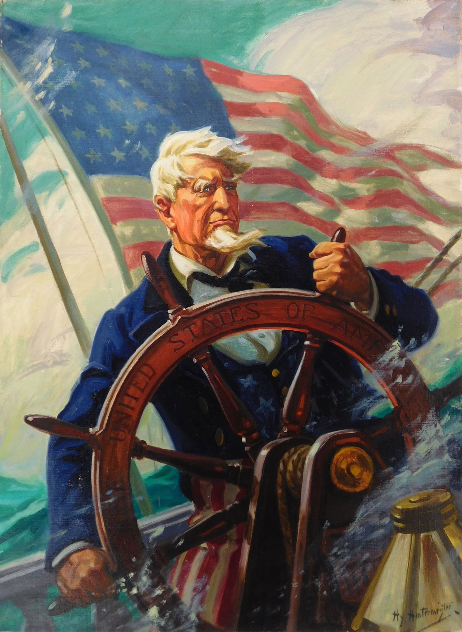 Henry 'Hy' Hintermeister (American, 1897-1970) oil: Sail on O Ship of State oil on canvas, ca. 1948, signed Hy Hintermeister lower right. 30 x 22" This works was reproduced as a calendar for Thos. D. Murphy calendar company of Red Oak,