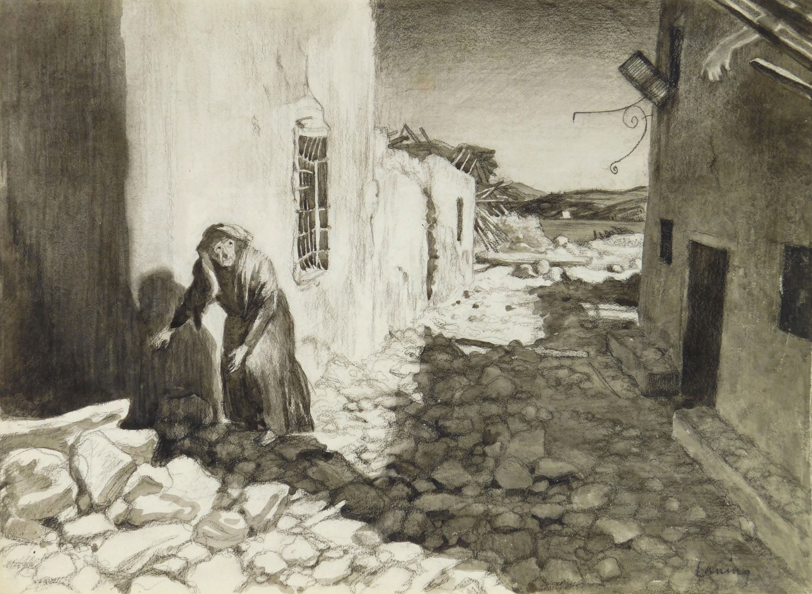 Edward Laning (American, 1906-1981) pencil and wash: Homecoming- Portferraio carbon pencil and wash on paper, 1949, signed Laning lower right. 11 x 15" This work was executed as a Life-Time correspondent in Italy Provenance: Private collection