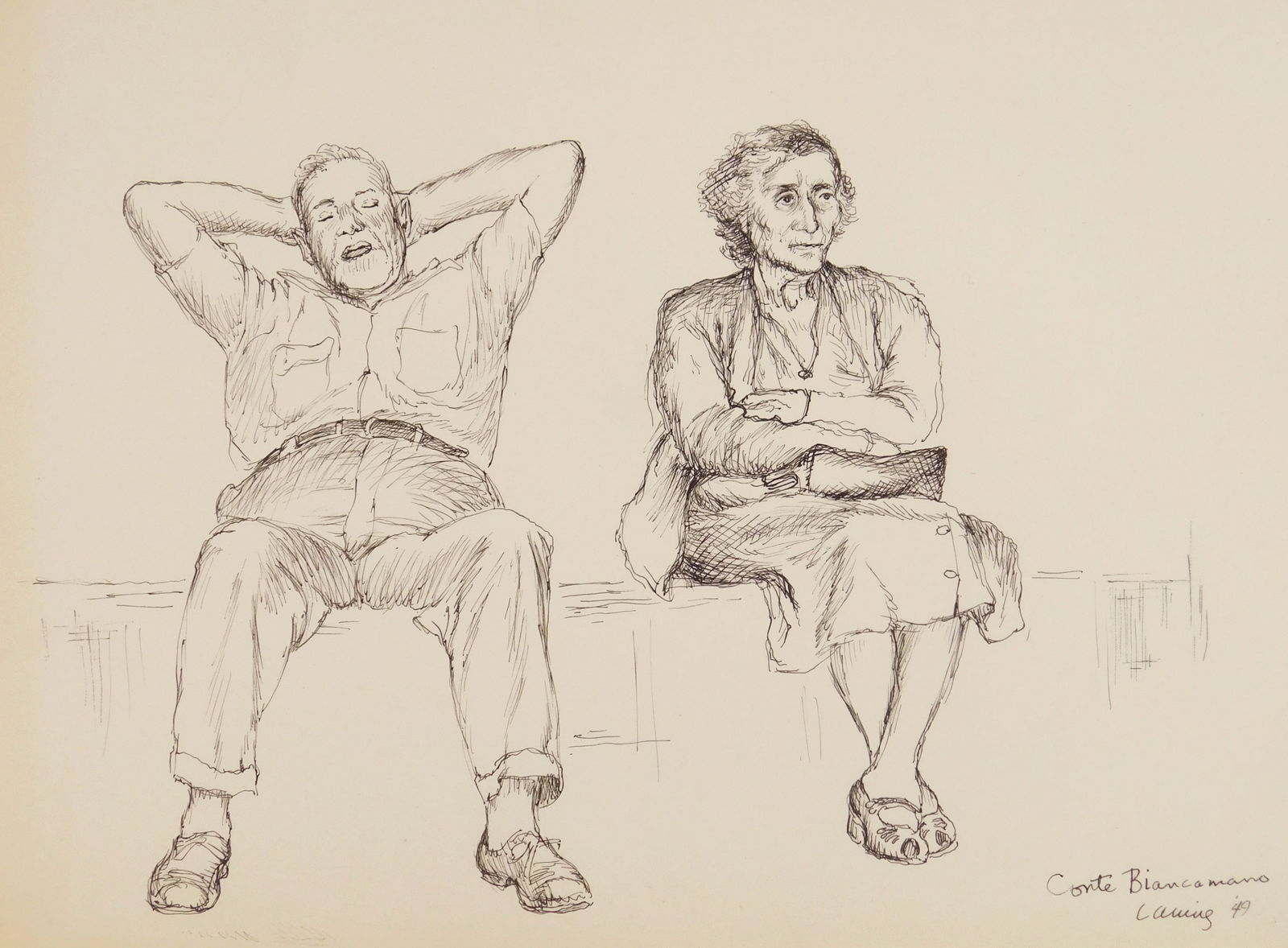 Edward Laning (American, 1906-1981) pen and ink: Conte Biancamano pen and ink on paper, 1949, signed, titled and dated lower right, annotated verso by Jack Henderson. 9 x 12" Provenance: Private collection- New York, NY *** PLE