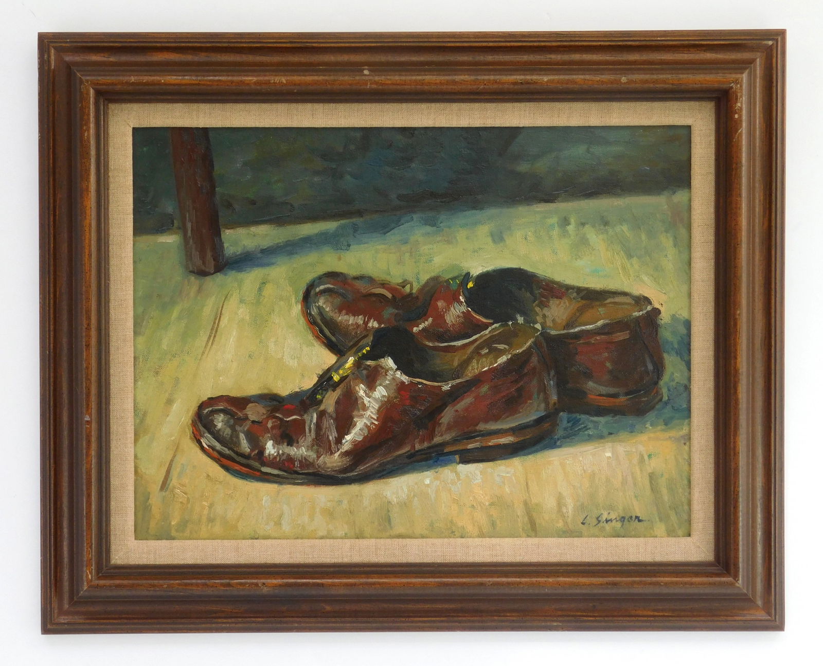 Clyde Singer (American, 1908-1999) oil: Old House Shoes oil on panel, 1955, signed C. Singer lower right, framed. 12 x 16" Provenance: Private collection- Fort Wayne, IN *** PLEASE READ: IMPORTANT NOTE About S&H ***