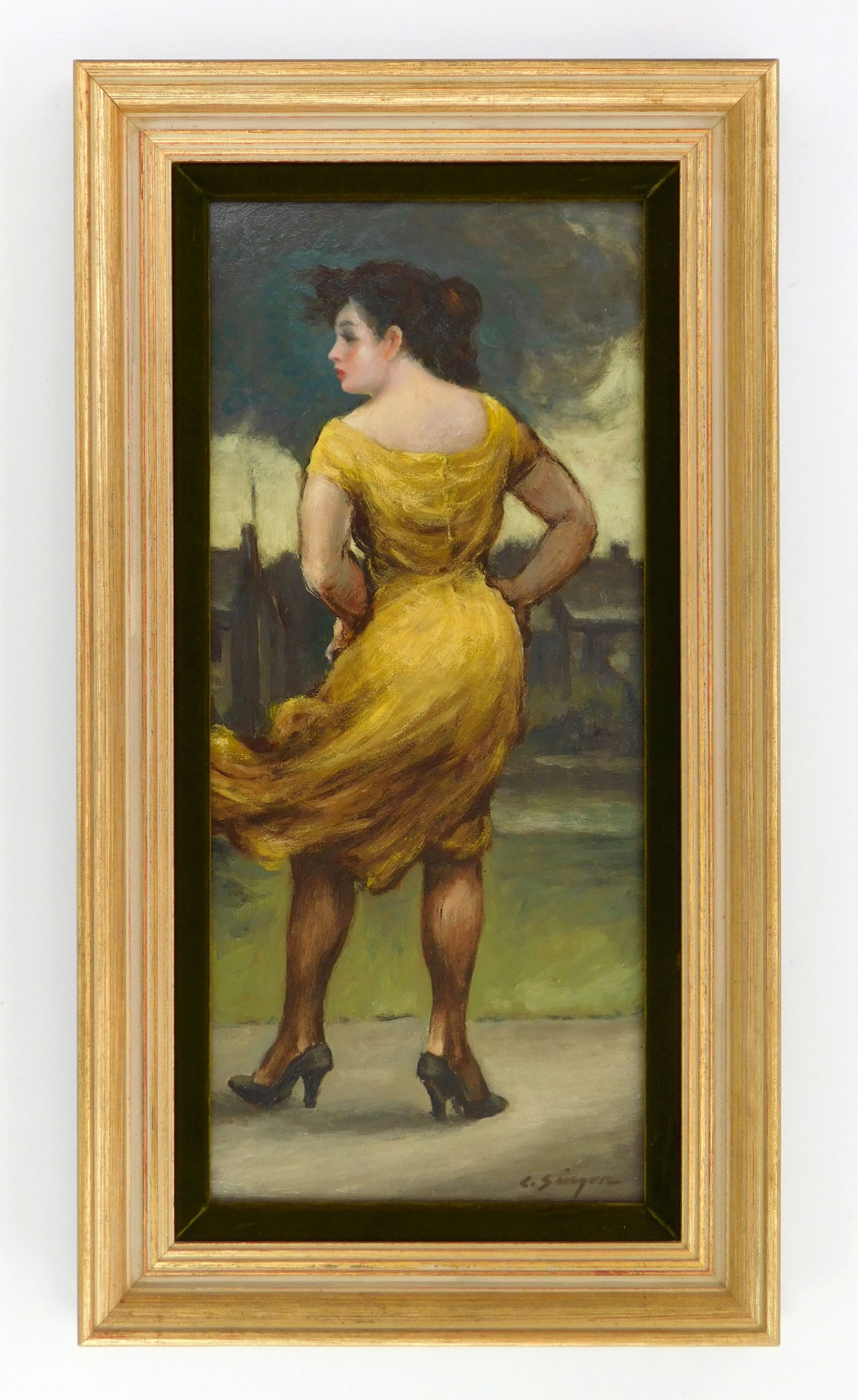 Clyde Singer (American, 1908-1999) oil: Girl Before Storm oil on panel, 1956, signed C. Singer lower right, framed. 22 x 9 1/2" Provenance: Private collection- Fort Wayne, IN *** PLEASE READ: IMPORTANT NOTE About S&H *