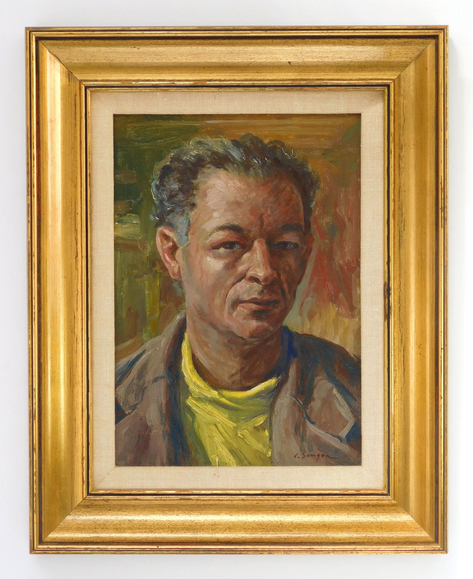 Clyde Singer (American, 1908-1999) oil: Self- Portrait oil on panel, 1956, signed C. Singer lower right, framed. 14 x 9 1/2" Provenance: Private collection- Fort Wayne, IN *** PLEASE READ: IMPORTANT NOTE About S&H ***<