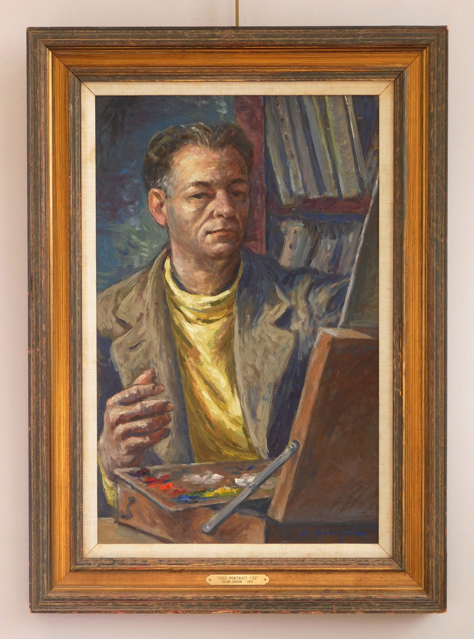 Clyde Singer (American, 1908-1999) oil: Self- Portrait # 32 at Youngstown Studio oil on board, 1957, signed C. Singer lower right, framed. 21 1/4 x 13 3/8" Provenance: Private collection- Canton, OH *** PLEASE READ: IM