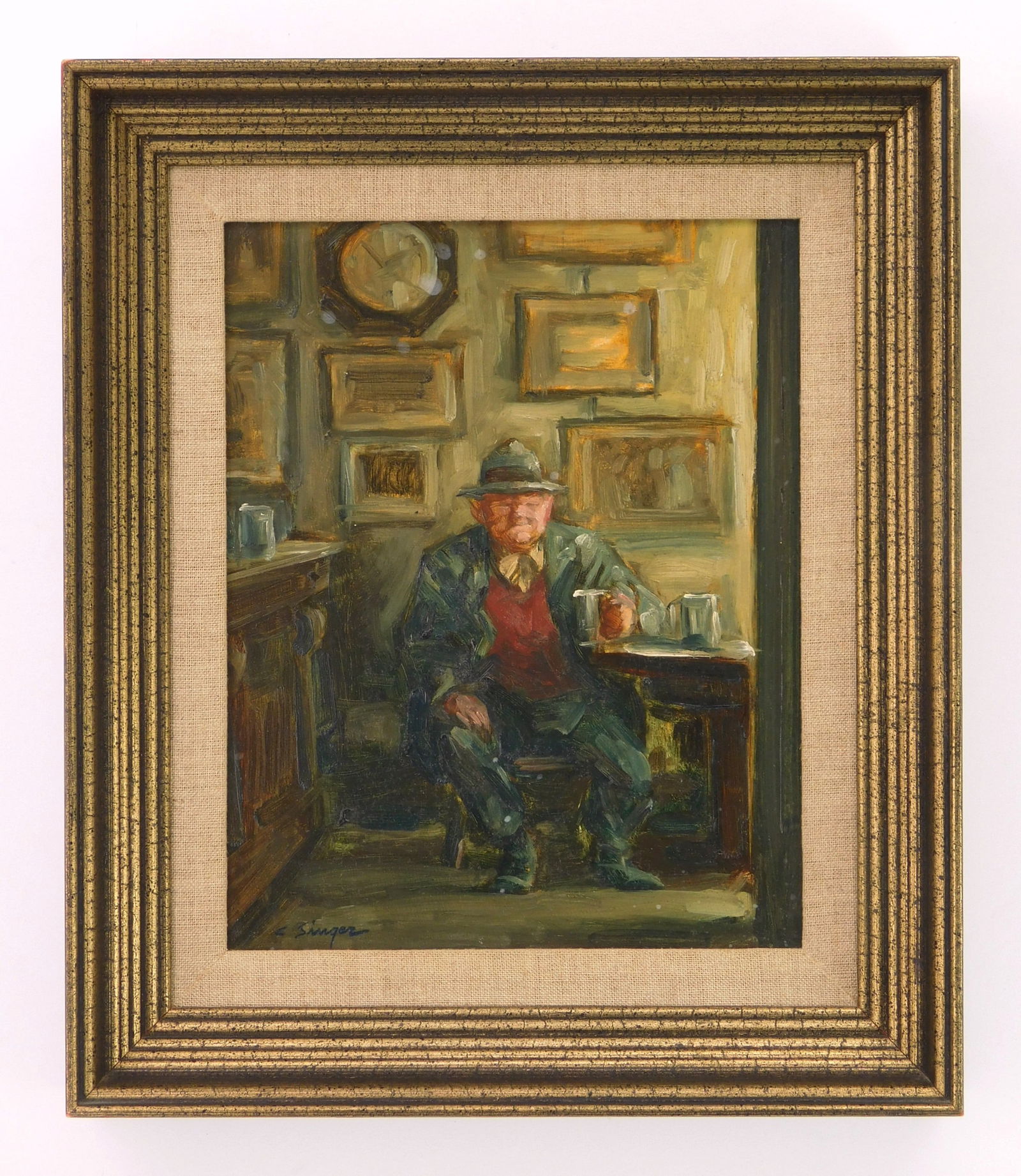 Clyde Singer (American, 1908-1999) oil: Chain Drinker oil on panel, 1959, signed C. Singer lower left, framed. 9 x 7" Provenance: Private collection- Fort Wayne, IN *** PLEASE READ: IMPORTANT NOTE About S&H ***