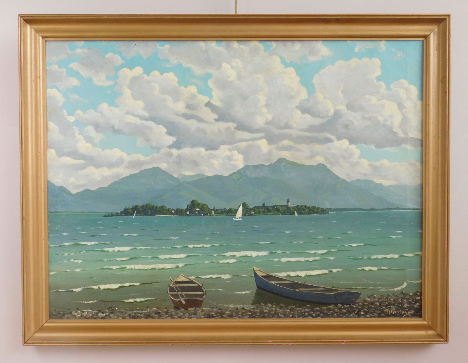 Thomas Kurringer (American, 20th c.) oil: Sailboats on a Lake oil on canvas, signed Th. Kurringer lower right, framed. 23 x 31" Provenance: Private collection- Cleveland, OH *** PLEASE READ: IMPORTANT NOTE About S&H ***<