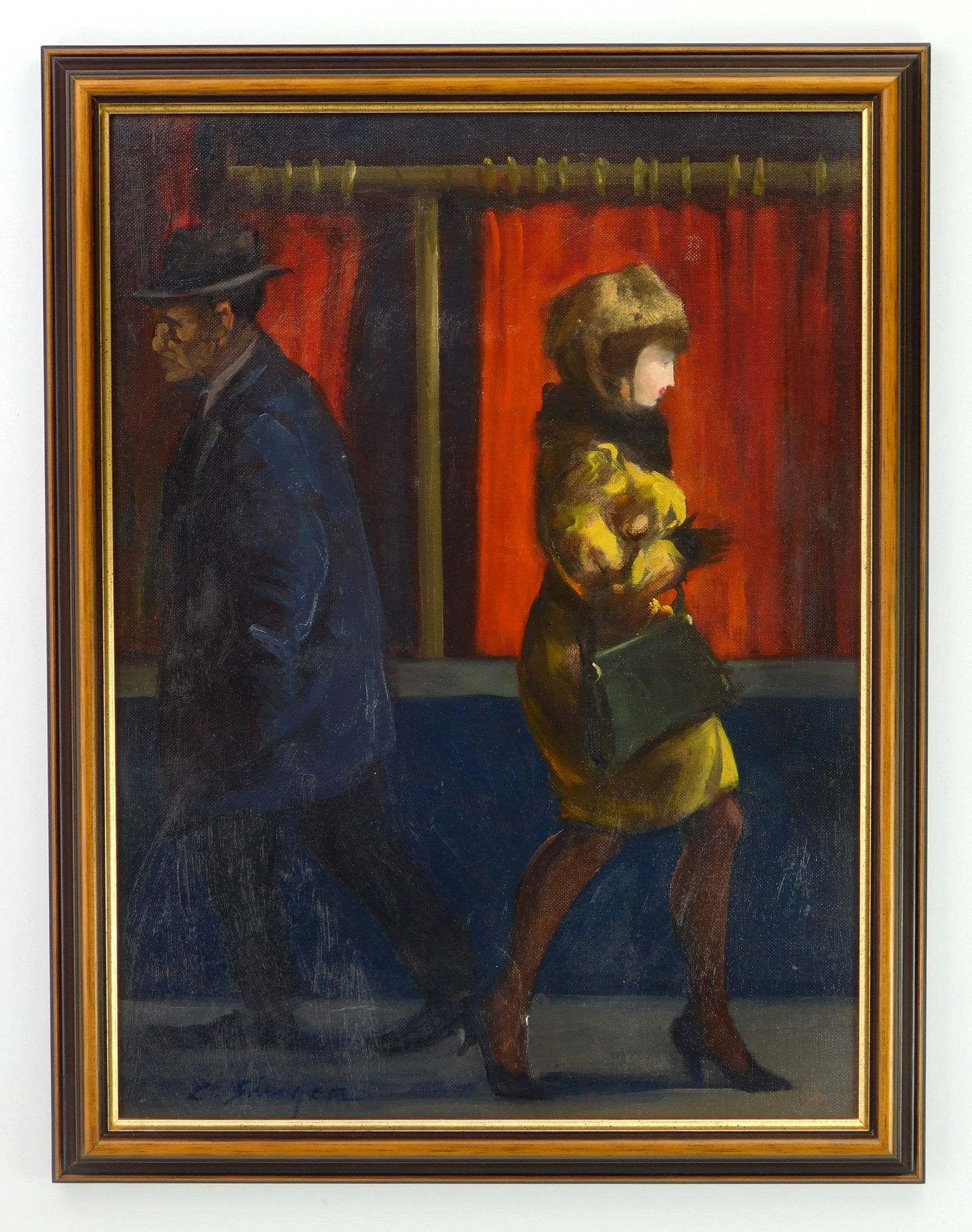 Clyde Singer (American, 1908-1999) oil: Man and Woman on Madison Ave, oil on canvas board, 1965, signed C. Singer lower left, signed, titled and dated in pencil verso, also inscribed by Clyde in pen verso (a girl walking on the s