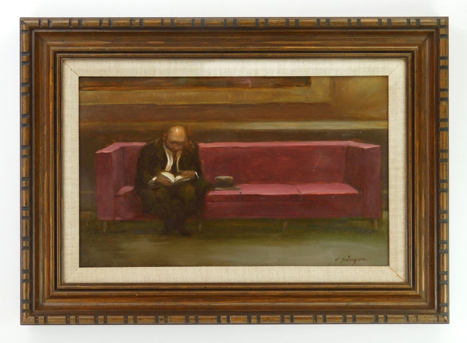 Clyde Singer (American, 1908-1999) oil: Reader- Met Lobby oil on panel, 1966, signed C. Singer lower right, framed. 10 x 16" Provenance: Private collection- Fort Wayne, IN *** PLEASE READ: IMPORTANT NOTE About S&H ***<