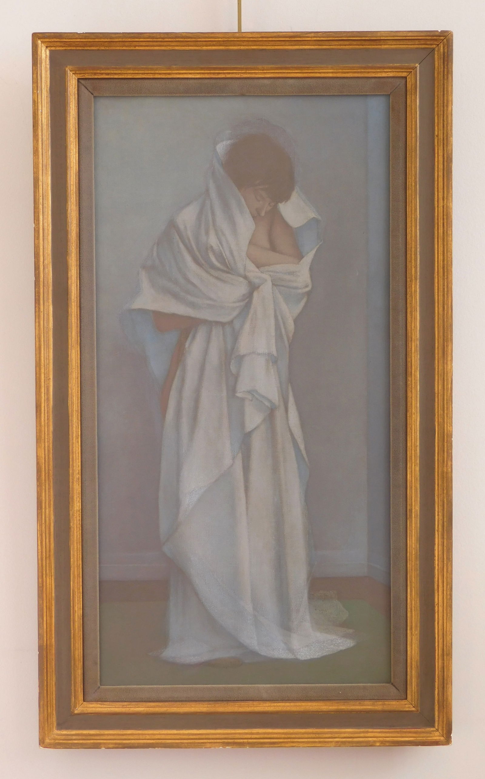 Jack Henderson (American, 1931-1998) oil: Standing Studio Model with White Drape oil on canvas, 1970, framed. 24 x 12" Provenance: Private collection- New York, NY *** PLEASE READ: IMPORTANT NOTE About S&H ***</