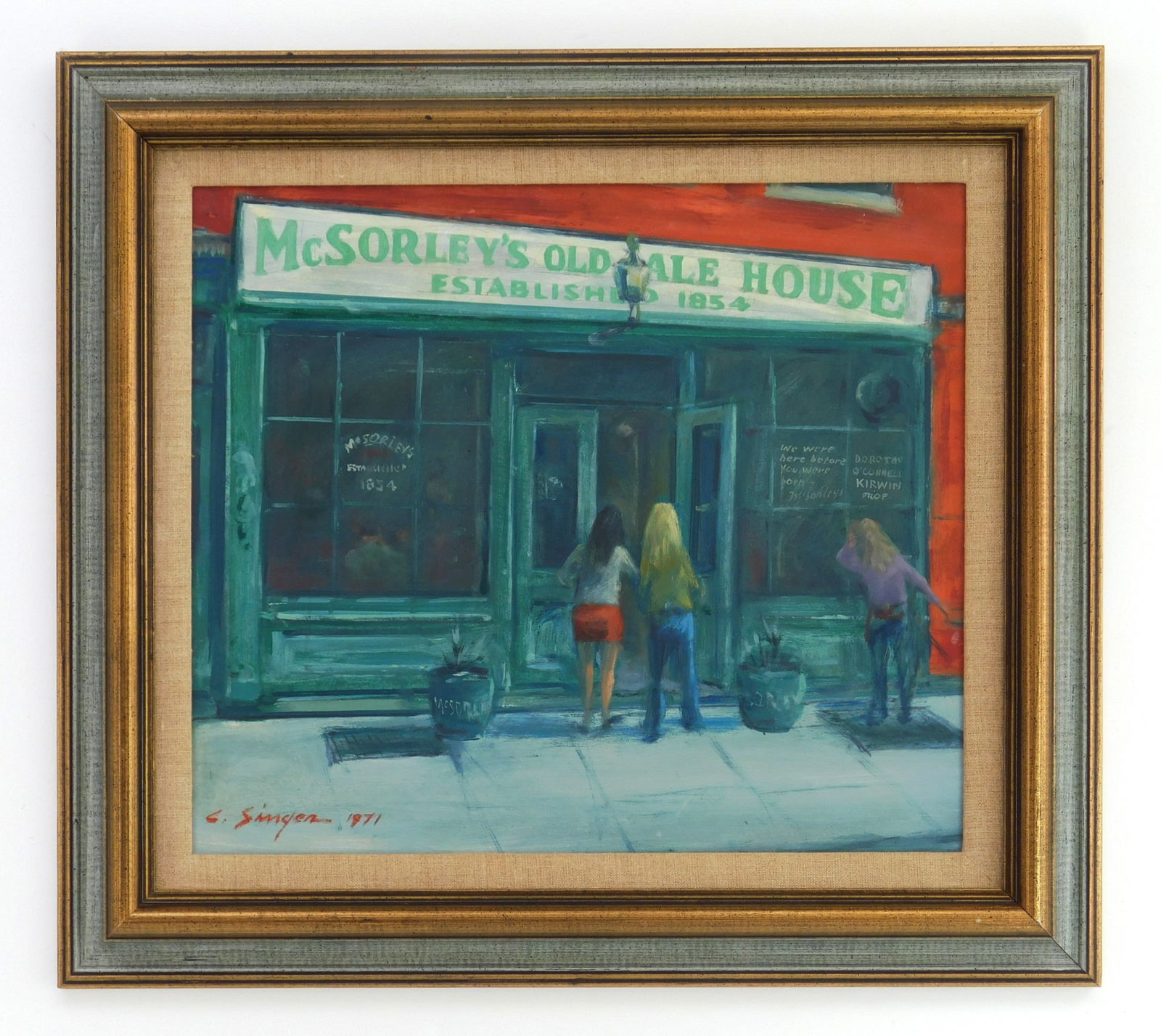 Clyde Singer (American, 1908-1999) oil: Women Tolerated- But Unwelcome oil on panel, 1971, signed C. Singer 1971 lower left, framed. 14 x 16" Provenance: Private collection- Fort Wayne, IN *** PLEASE READ: IMPORTANT NO