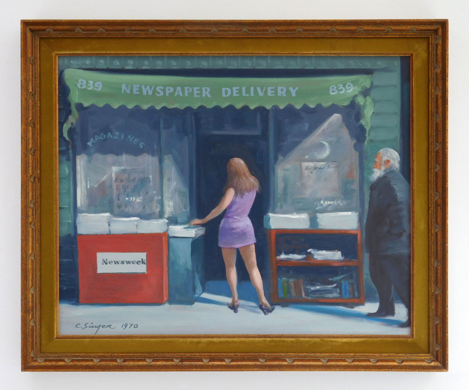 Clyde Singer (American, 1908-1999) oil: News Store oil on panel, 1970, signed C. Singer 1970 lower left, framed. 16 x 20" Provenance: Private collection- Fort Wayne, IN *** PLEASE READ: IMPORTANT NOTE About S&H ***