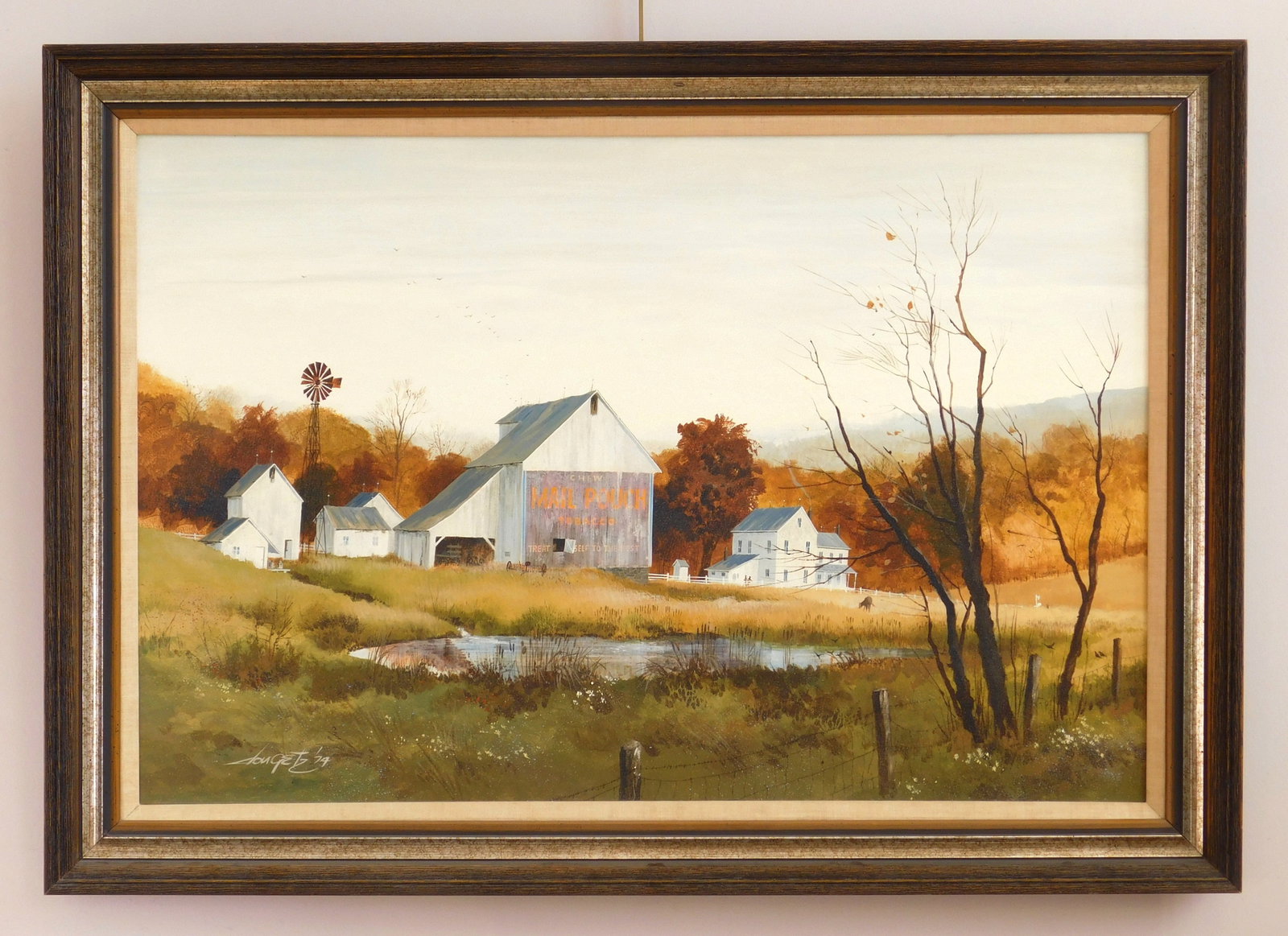 Donald Getz (American, 1934-2018) acrylic: Days of Indian Summer acrylic on canvas board, 1974, signed Don Getz 1974 lower left, framed. 24 x 36" This painting is believed to depict several buildings of the Stouffer farm in Richfiel
