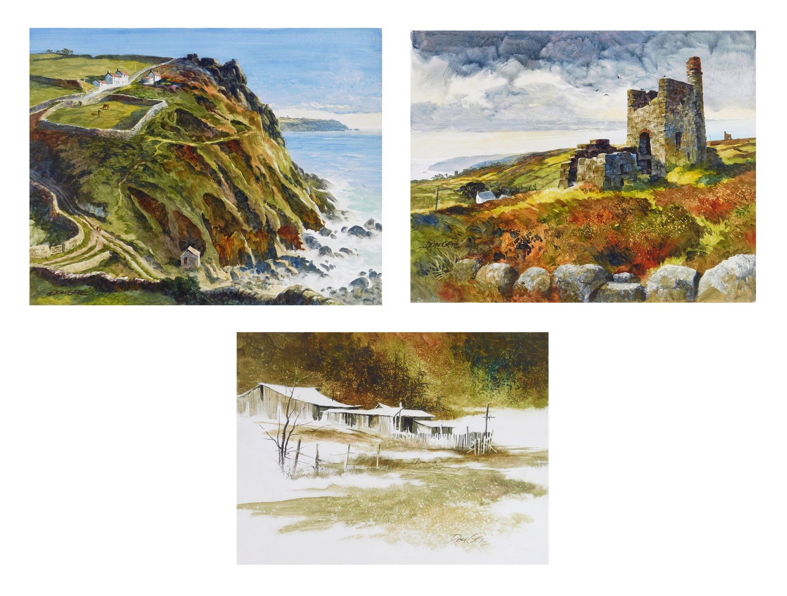 3 Don Getz (American, 1934-2018) oils: Cape Cornwall; Tin Mine Ruins at Ding Dong & Shed in Landscape 3 oils on paper, ca. 1984, all signed Don Getz. 12 1/2 x 17 1/2" (largest) Provenance: Private collection- Brimf