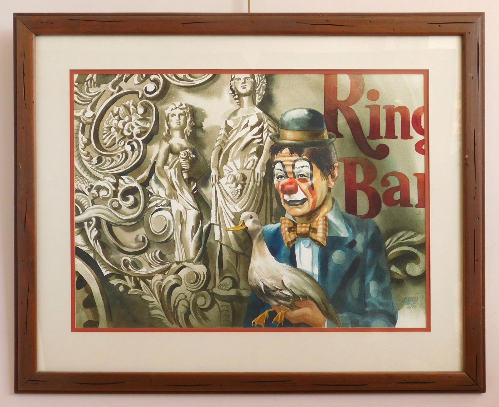 Albert Parella (American, 1909-1999) watercolor: Circus Clown watercolor on paper, signed Albert Parella AWS lower right, framed. Provenance: Private collection- Fort Wayne, IN *** PLEASE READ: IMPORTANT NOTE About S&H ***