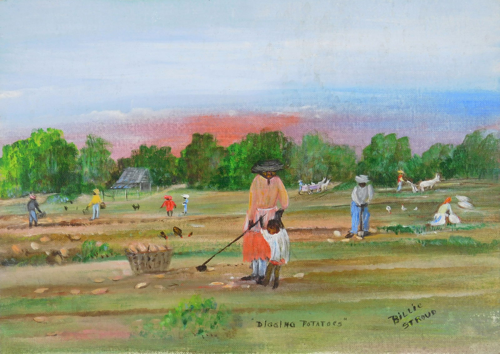 Billie Stroud (American, 1919-2010) oil: Digging Potatoes oil on canvas board, signed Billie Stroud lower right, also titled lower center. 10 x 14" Provenance: Private collection- New Orleans, LA *** PLEASE READ: IMPORT