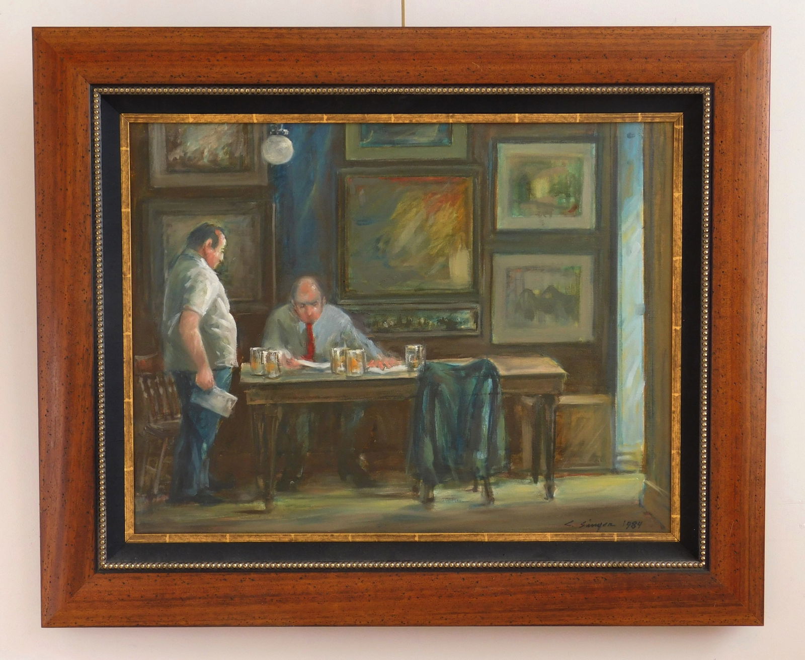 Clyde Singer (American, 1908-1999) oil: Business over Beer: Mc Sorley's oil on canvas, 1984, signed and dated C. Singer 1984 lower right, framed. 19 1/4 x 25 3/8" Provenance: Private collection- Canton, OH *** PLEA