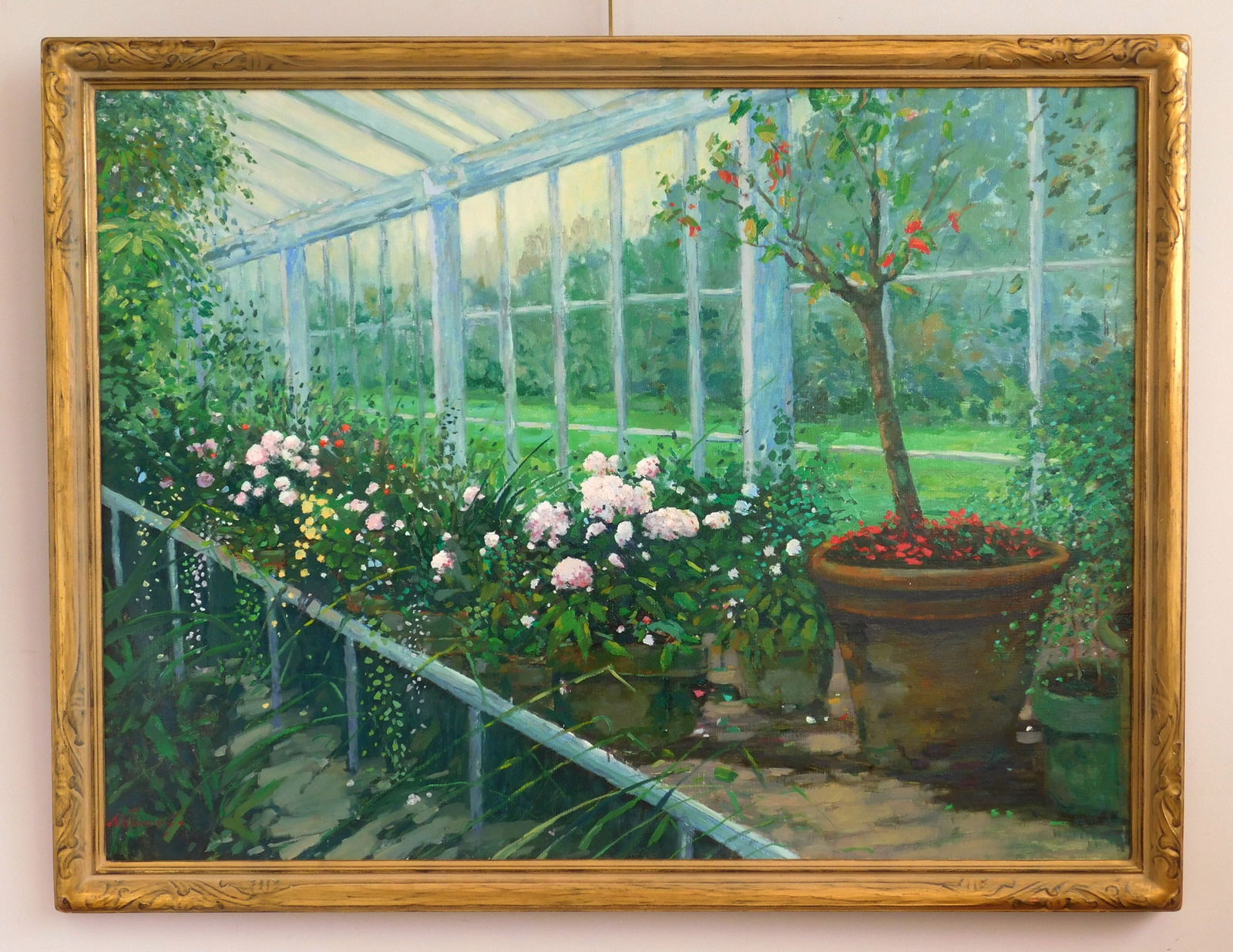 Franklin E. Morris (American, 1938-2009) oil: Greenhouse at Kingwood Center oil on canvas, signed F. E. Morris, framed, 30 x 40" Provenance: Private collection- Beachwood, OH *** PLEASE READ: IMPORTANT NOTE About S&H ***S&H o