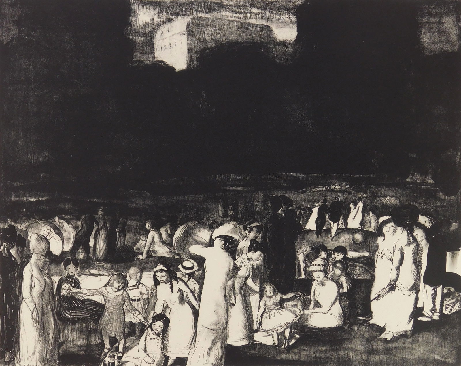 George Bellows (American, 1882-1925) lithograph: In the Park, Dark lithograph on wove paper, 1916, estate signed and initialed J. B. B.(the artist's daughter) in pencil, also marked with an X in pencil, according to Bolton Brown's