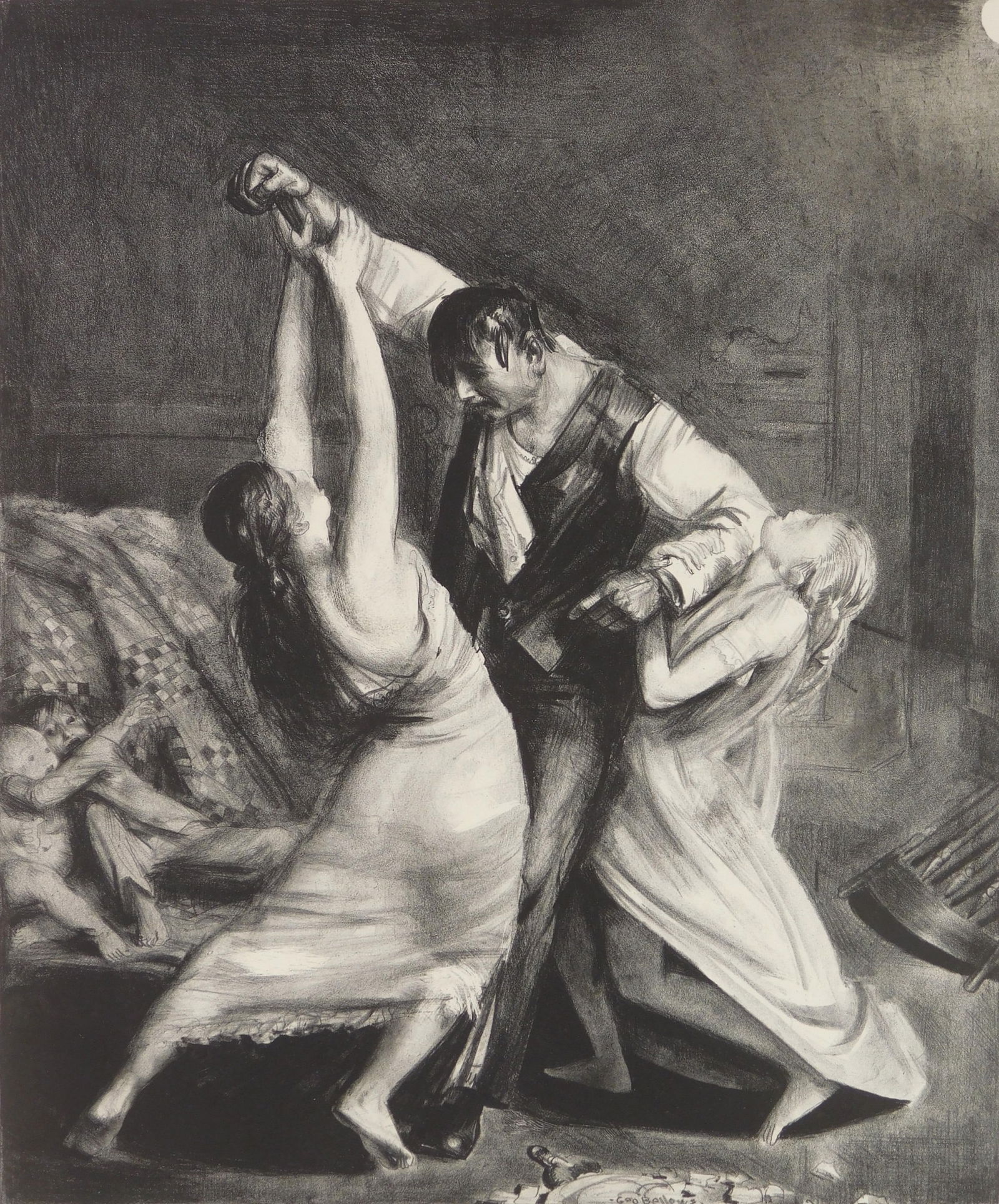George Bellows (American, 1882-1925) lithograph: The Drunk, Second Stone lithograph, 1923-24, estate signed and initialed J. B. B.(the artist's daughter) in pencil, also signed by the printer Bolton Brown. 15 1/2 x 13" Literature