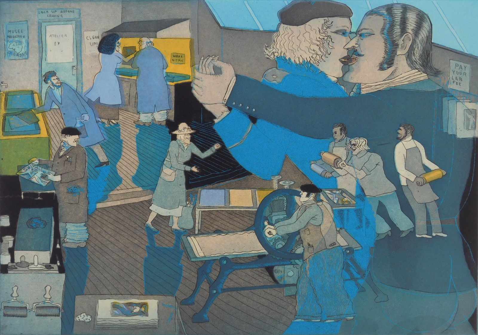 Warrington Colescott (American, 1921-2018) etching: The History of Printmaking: S. W. Hayter Discovers Viscosity Printing soft ground etching and aquatint in colors, 1976, signed, dated, titled and numbered 49/50 in pencil. 13 7/8 x 19 7/8'' Li