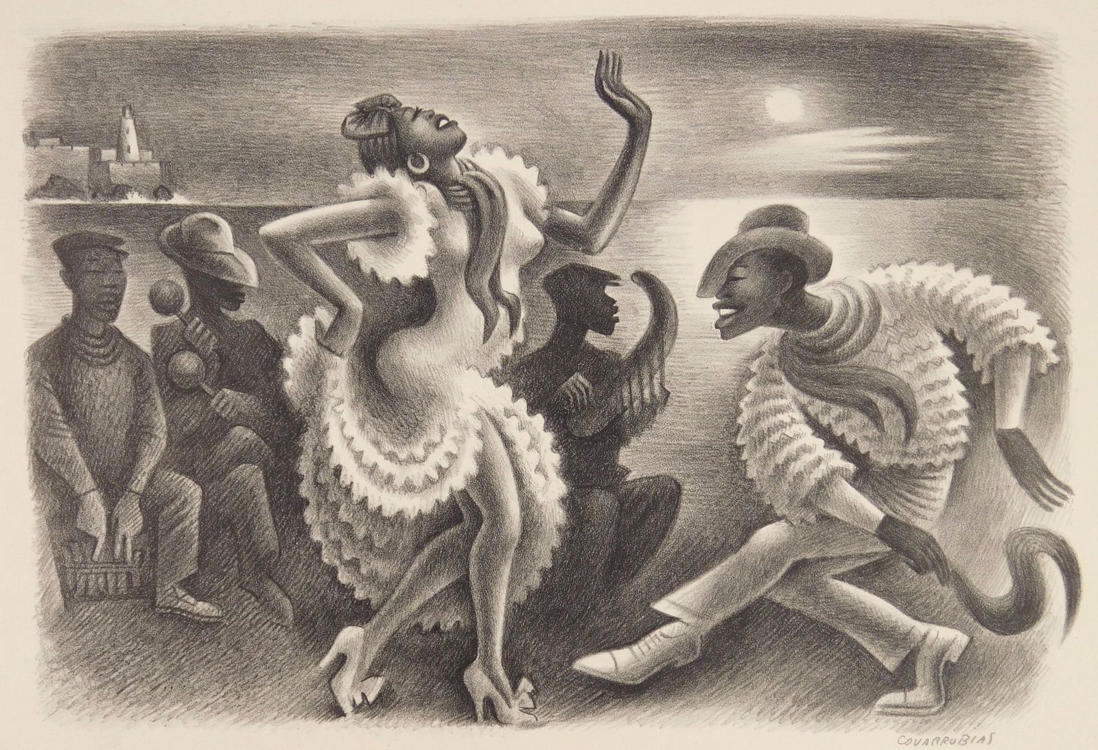 Miguel Covarrubias (Mexican, 1904-1957) lithograph: Rumba lithograph, 1940, signed in pencil, published by AAA in 1945, in an edition of 250. 9 1/8 x 13 1/2'' Provenance: Private collection- Lakewood, OH *** PLEASE READ: IMPORT