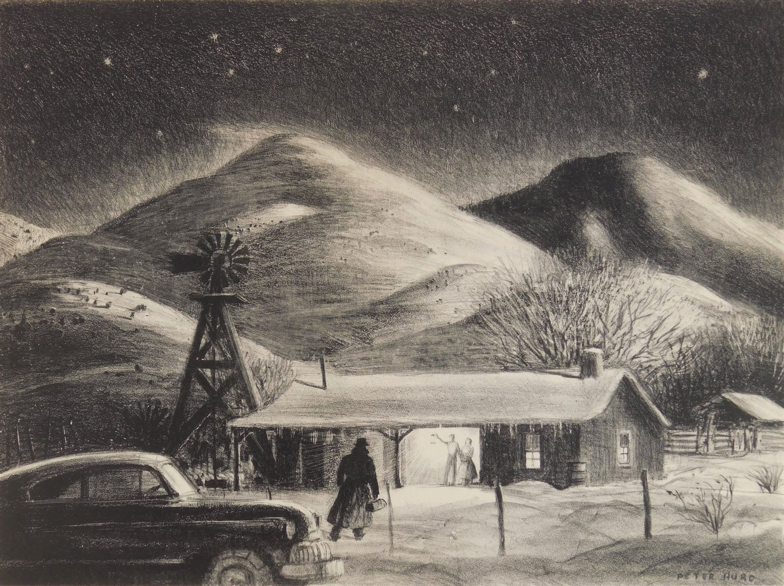 Peter Hurd (American, 1904-1984) lithograph: The Late Call lithograph, 1949, signed in pencil. 13 5/8 x 18 1/4" Literature: John Meigs, Peter Hurd The Lithographs, 1968, Plate LIX. *** PLEASE READ: