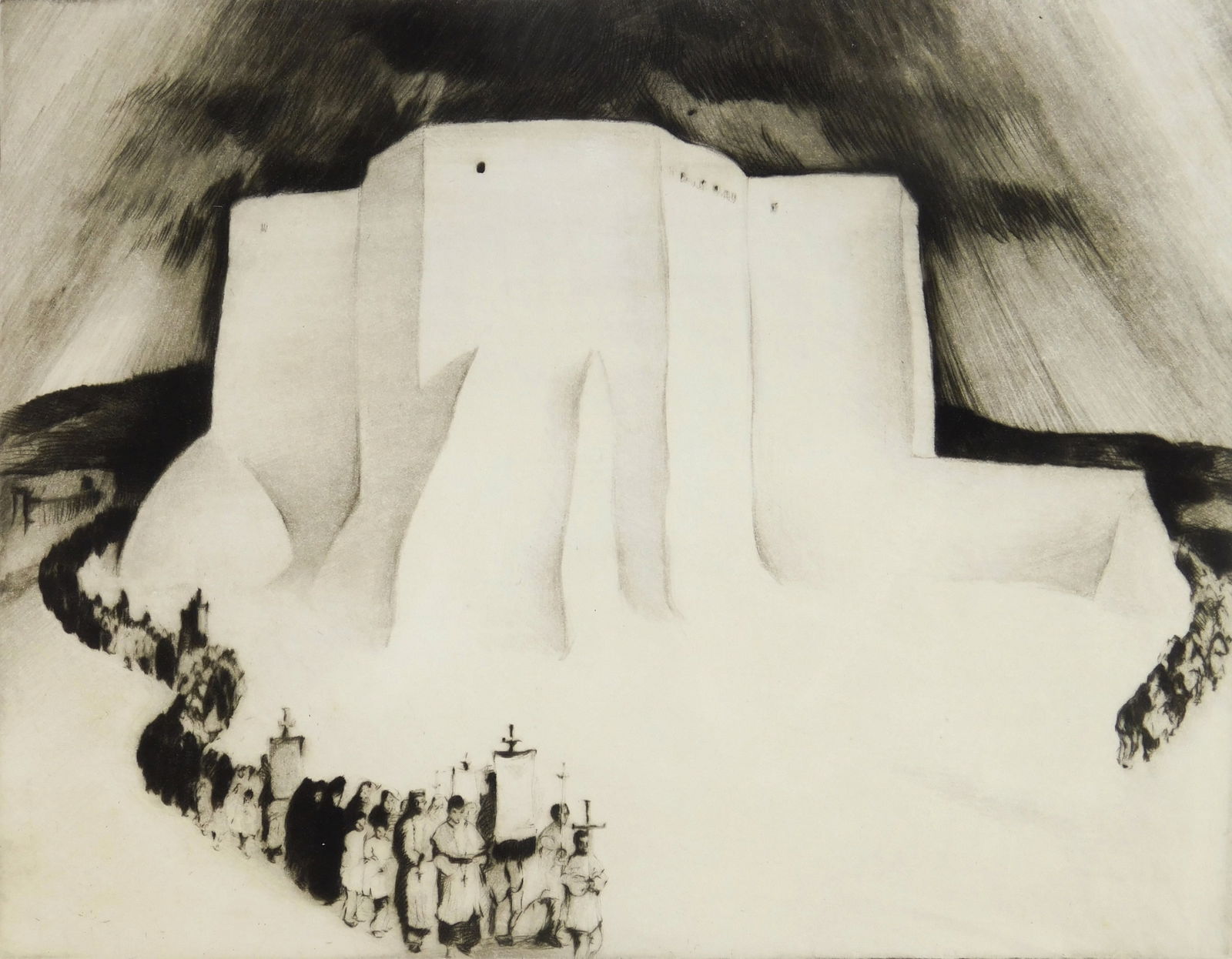 Gene Kloss (American, 1903-1996) etching and drypoint: Processional - New Mexican Church drypoint, soft ground and roulette, 1937, signed and titled in pencil, edition of 50. 10 7/8 x 14'' Literature: Kloss 351 Provenance: Private collection- New