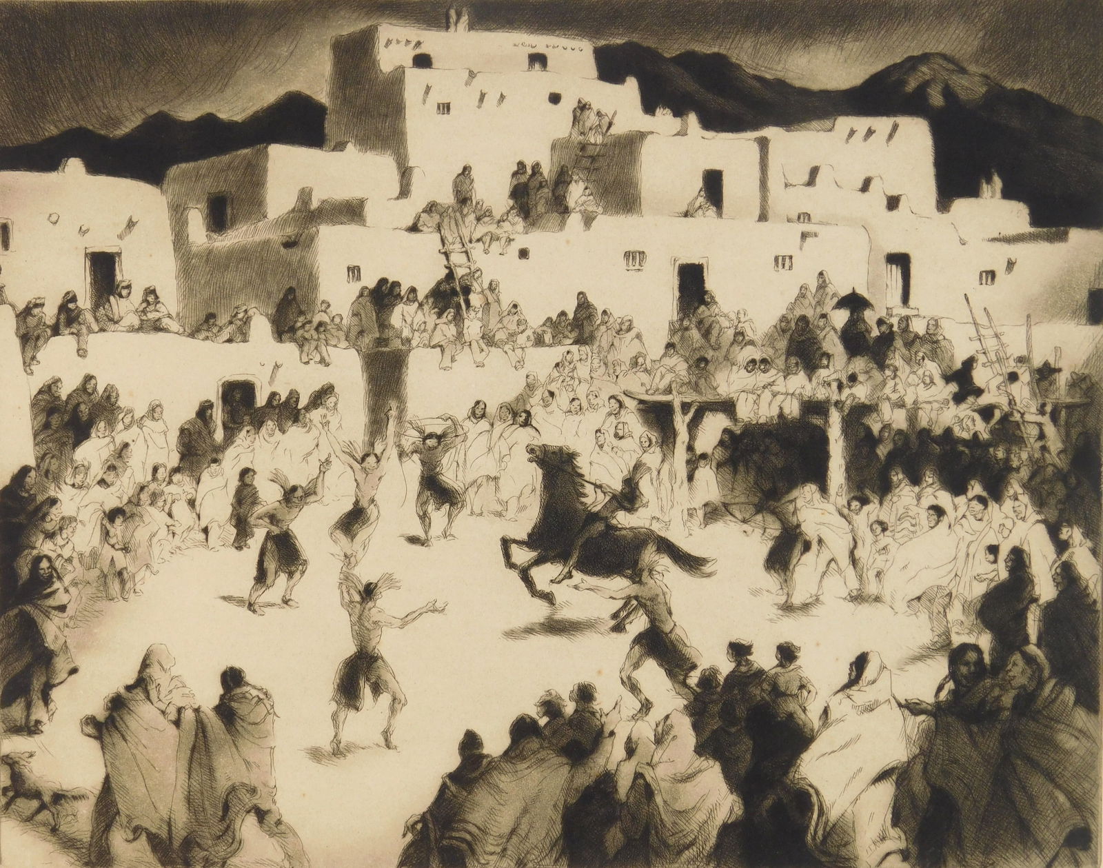 Gene Kloss (American, 1903-1996) etching: Taos Indian Jesters etching, drypoint and aquatint, 1944, signed and titled in pencil, edition of 30. 10 7/8 x 13 7/8" Literature: Kloss 397 Provenance: Private collection- New Orleans, LA