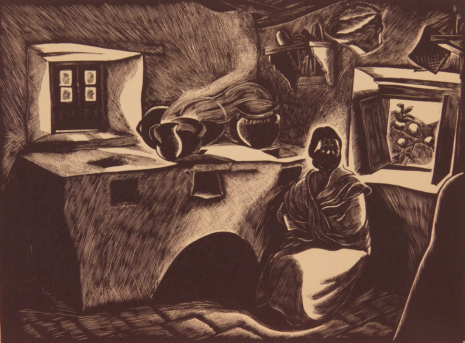 Barbara Latham (American, 1896-1989) wood engraving: Mexican Kitchen wood engraving, 1932, signed and titled in pencil. 5 5/8 x 7 5/8'' Provenance: Private collection- Cleveland, OH *** PLEASE READ: IMPORTANT NOTE About S&
