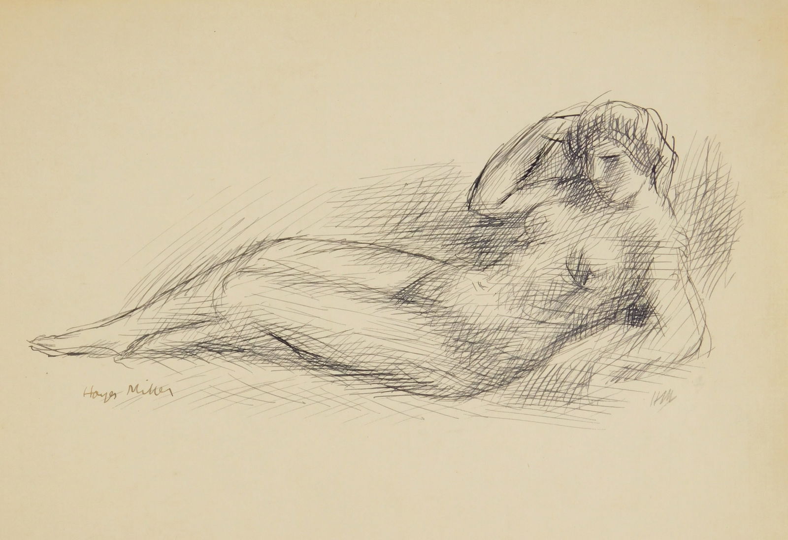 Kenneth Hayes Miller (American, 1876-1952) pen and ink: Reclining Female Nude pen and ink on paper, signed Hayes Miller lower left. 7 x 9 1/4" Provenance: Private collection- New Orleans, LA *** PLEASE READ: IMPORTANT NOTE About S&H *
