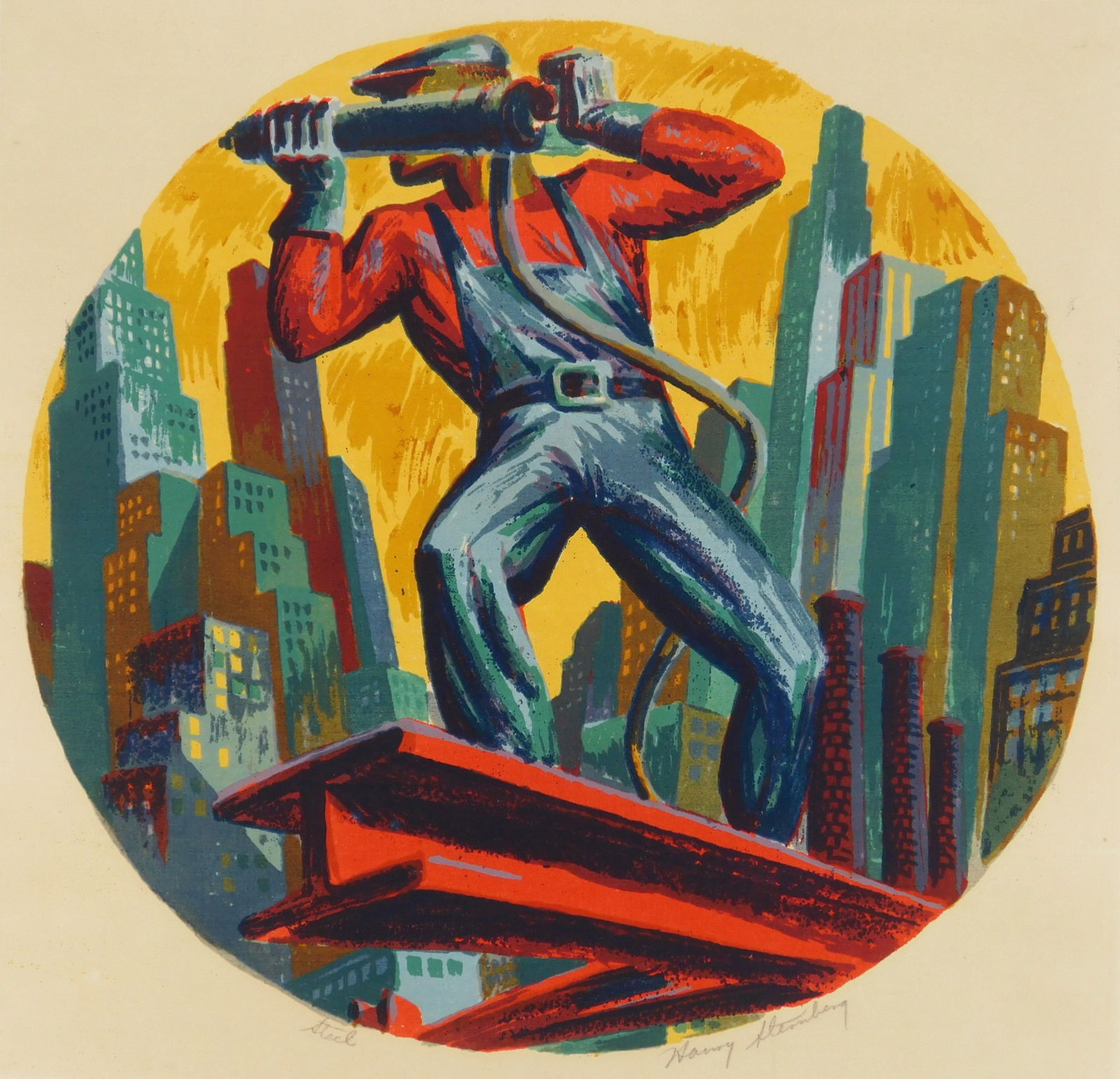 Harry Sternberg (American, 1904-2001) silkscreen: Riveter silkscreen in colors, 1935, signed and annotated steel in pencil. 11" dia. This work is Harry Sternberg's first silkscreen. Literature: Moore 126 Provenance: