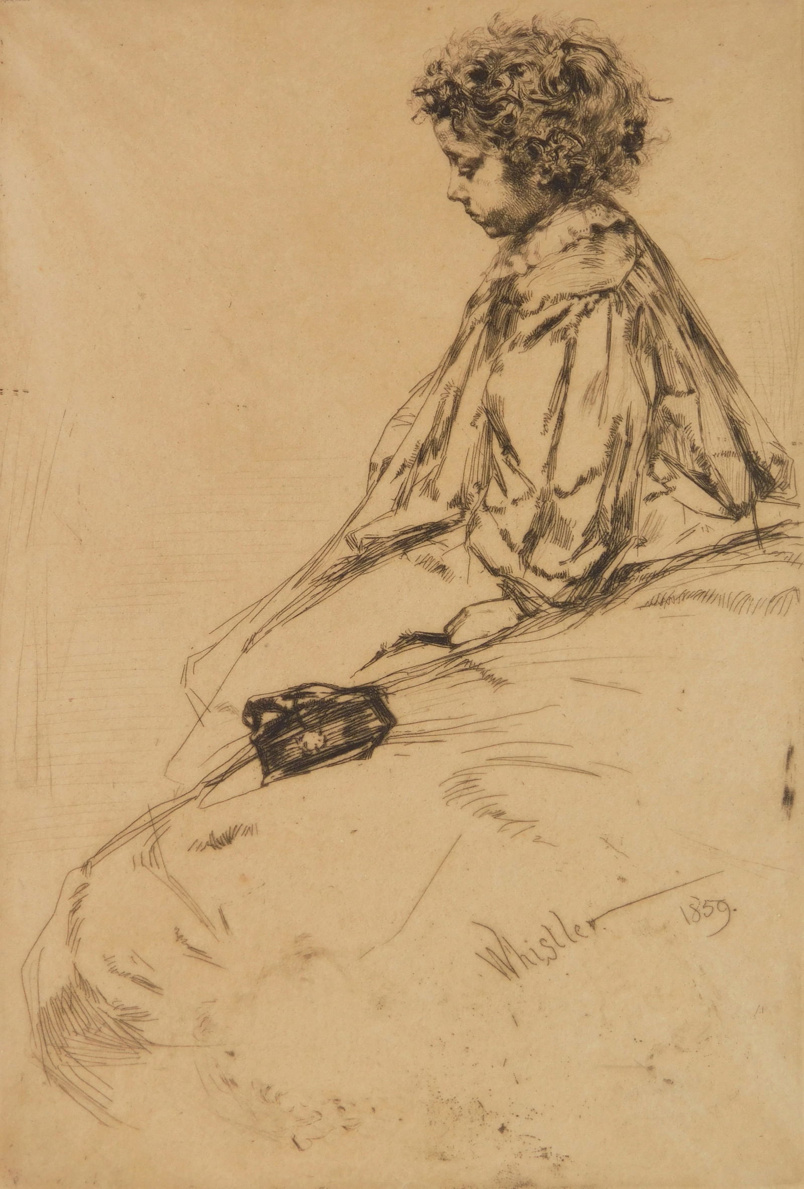 James A. M. Whistler (American, 1834-1903) etching: Bibi Lalouette etching on tissue paper,1859. 9 x 6" Literature: Kennedy 51 iii/III Provenance: Private collection- Pepper Pike, OH *** PLEASE READ: IMPORTANT NOTE About S&H