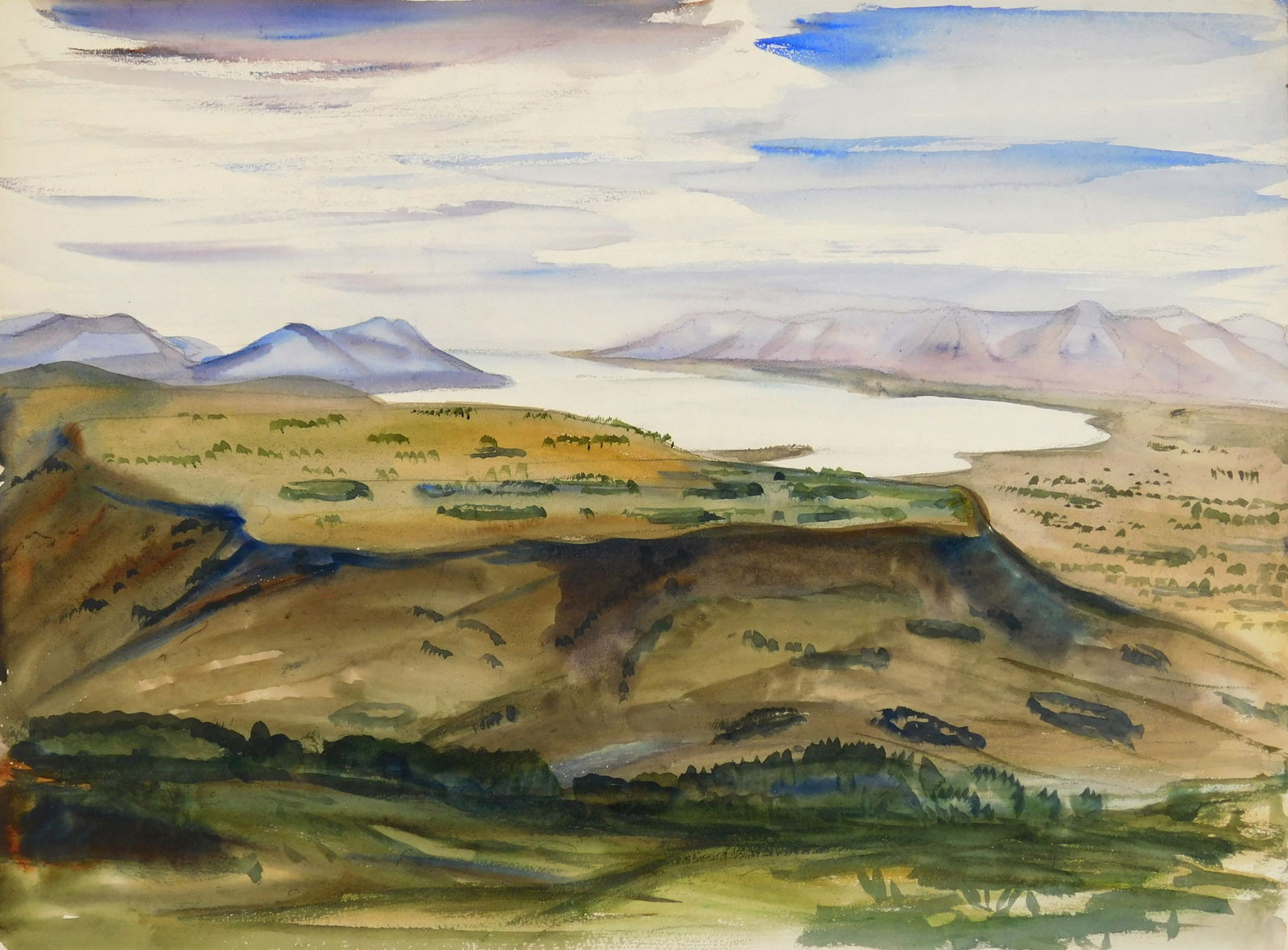 Paul B. Travis (American, 1891-1975) watercolor: Lake Benjamin watercolor on paper, 1928, signed, titled and dated on verso in pencil. 14 7/8 x 20'' Provenance: Private collection- Cleveland, OH *** PLEASE READ: IMPORTANT NOT