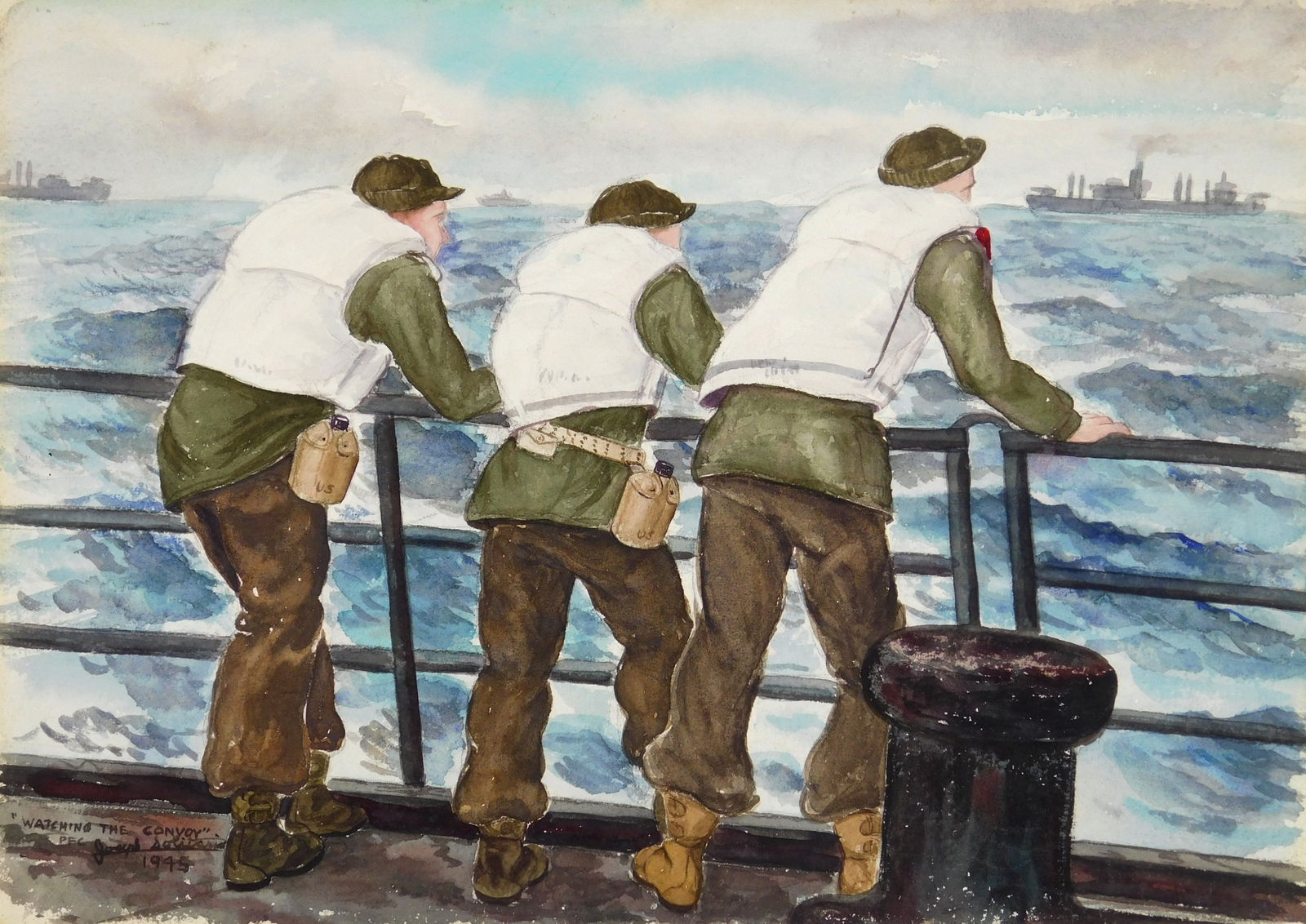 Joseph Solitario (American, 1929-2006) watercolor: Watching the Convoy watercolor on paper, 1945, signed, titled and date lower left. 9 1/2 x 13 1/2" Mr. Solitario exhibited works at the Cleveland May Show 1940's through 1960'