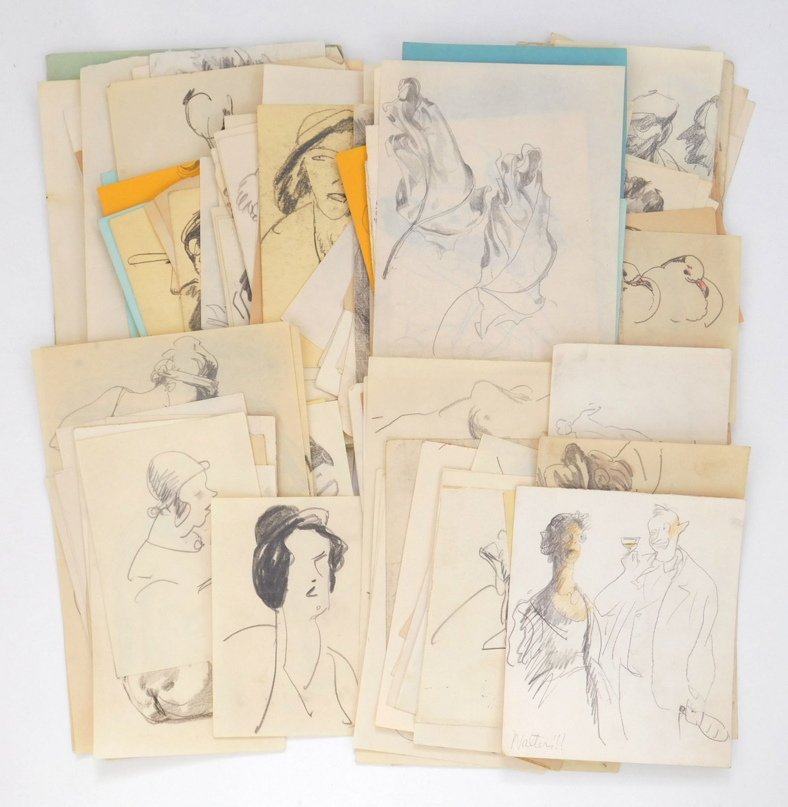Henry G. Keller (American, 1869-1949) drawings: Sketches approximately 140 graphite on paper, mostly caricatures and figure studies, many signed. 9 x 6" (largest). Provenance: Private collection- Cleveland, OH