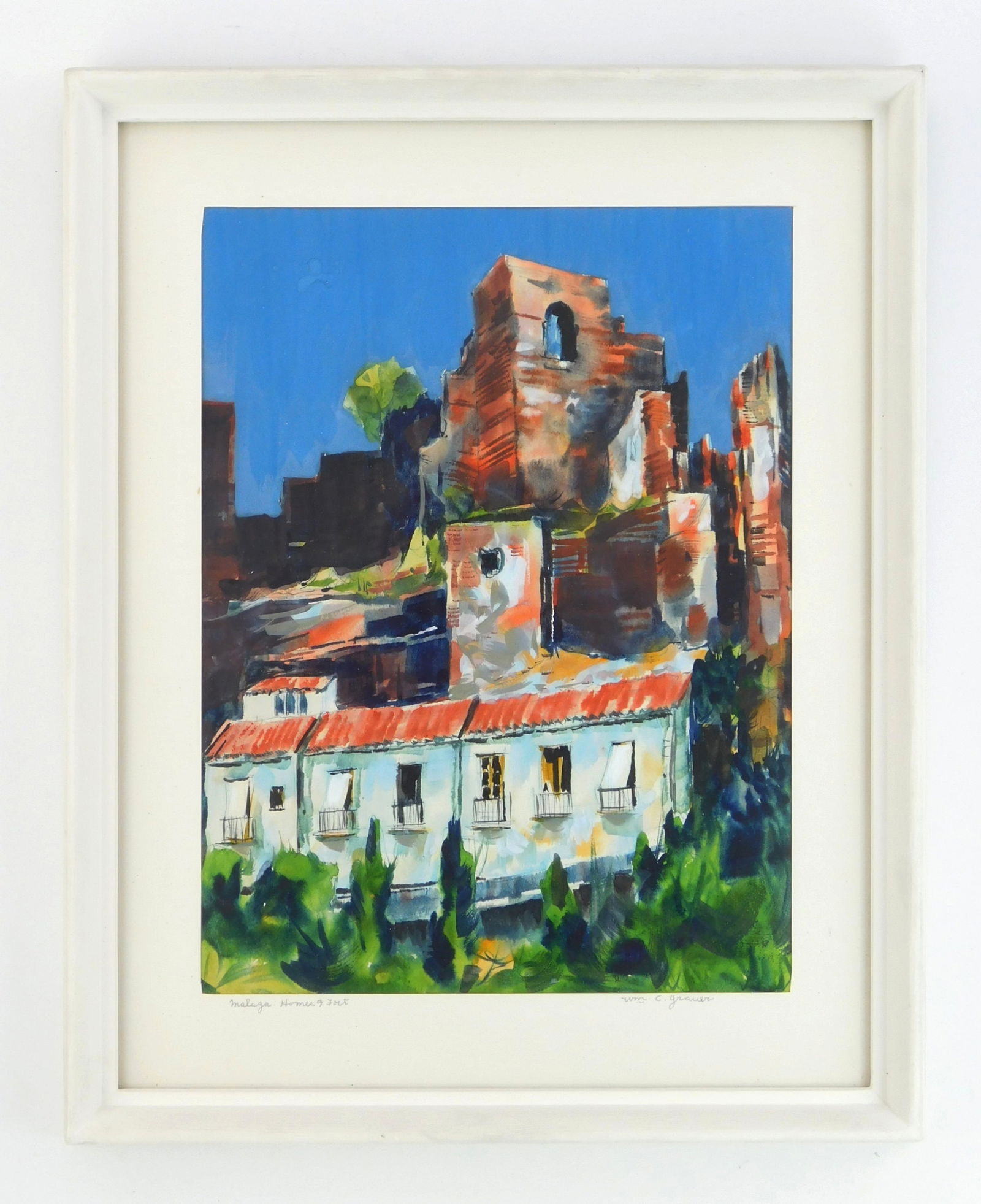 William C. Grauer (American, 1896-1985) gouache: Malaga- Homes and Fort gouache on paper, signed Wm C. Grauer and titled on the mat, matted and framed. 11 x 8 1/4" Provenance: Private collection- Strongsville, OH Acquired directly from th