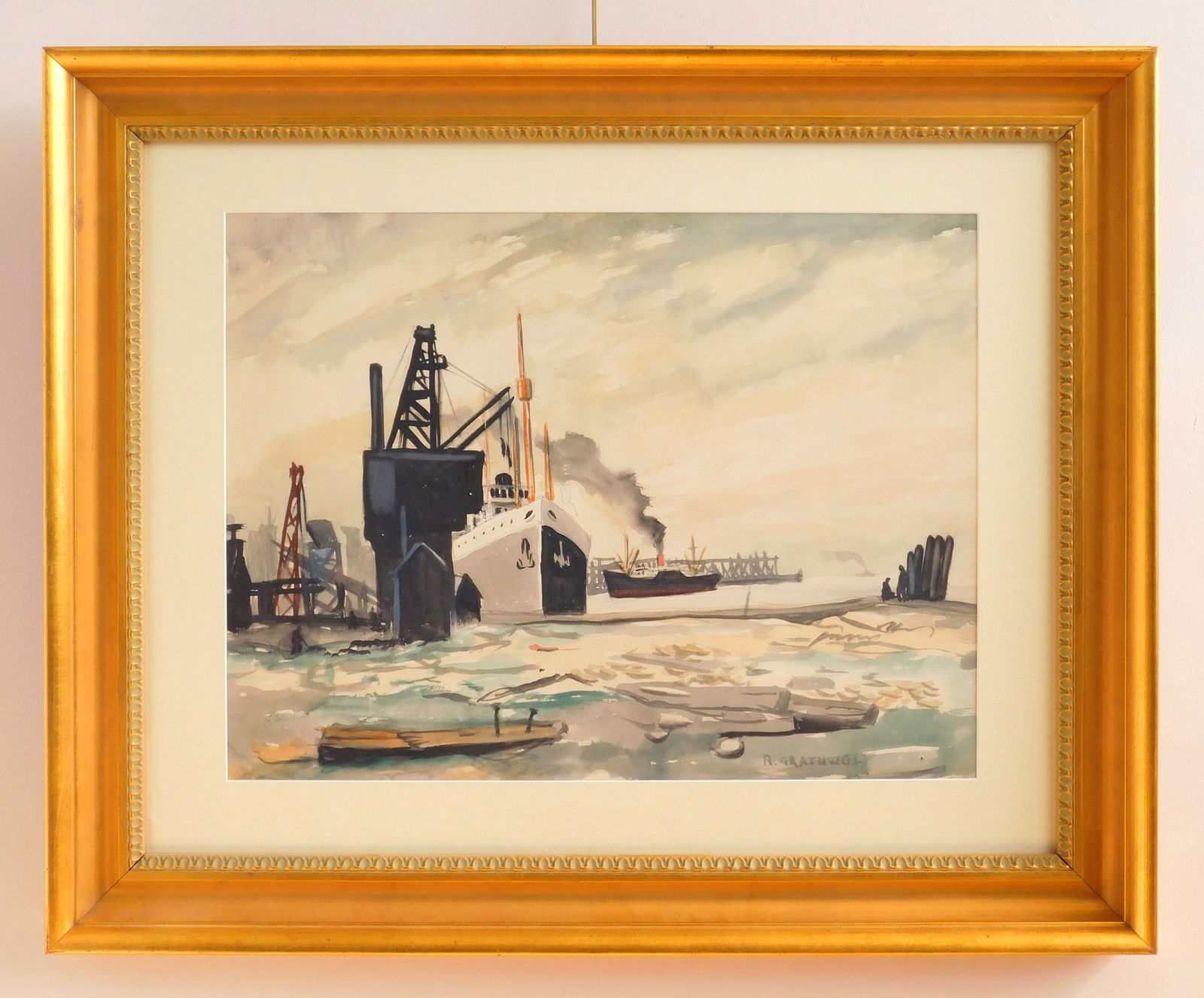 Ray Grathwol (American, 1900-1992) watercolor: Lake Erie Port watercolor on paper, 1949, signed R. Grathwol lower right, matted and framed. 17 x 22 1/2'' Exhibited: The Butler Art Institute 1949 New Year Show, Youngstown, Ohio.- title