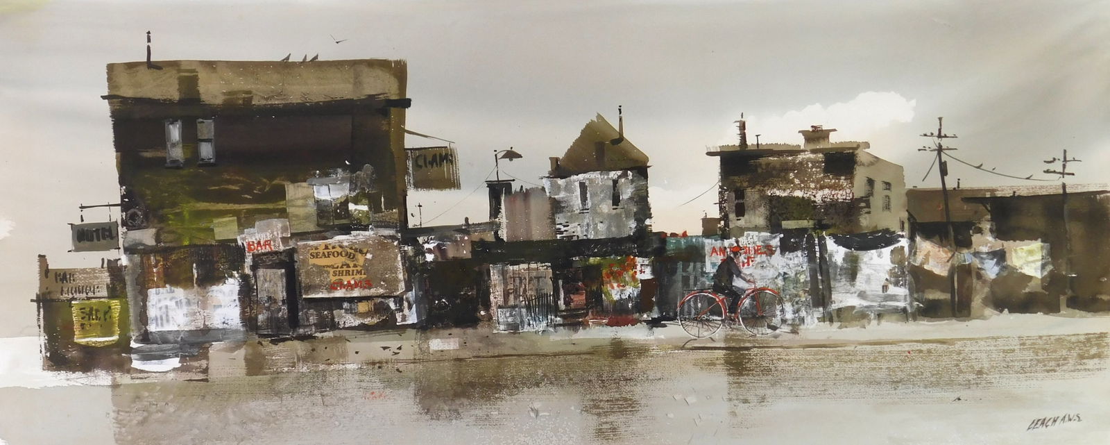 Fred Leach (American, 1924-2006) watercolor: Village Scene watercolor on paper, signed Leach A. W. S. lower right, 15 1/2 x 38 3/8" Provenance: Private collection- Brimfield, OH *** PLEASE READ: IMPORTANT NOTE About S