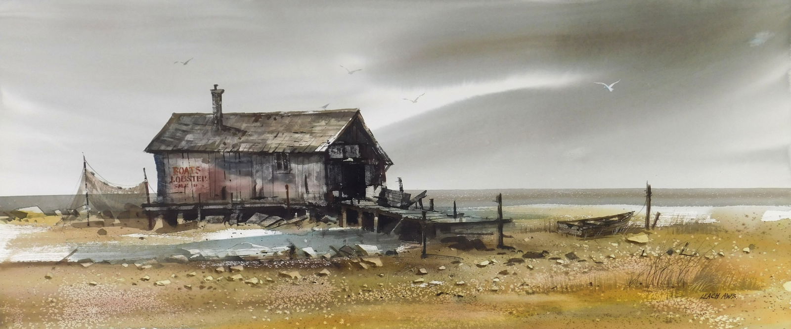 Fred Leach (American, 1924-2006) watercolor: Dock Scene watercolor on paper, signed Leach A. W. S. lower right. 15 1/2 x 35 3/4" Provenance: Private collection- Brimfield, OH *** PLEASE READ: IMPORTANT NOTE About S&H ***