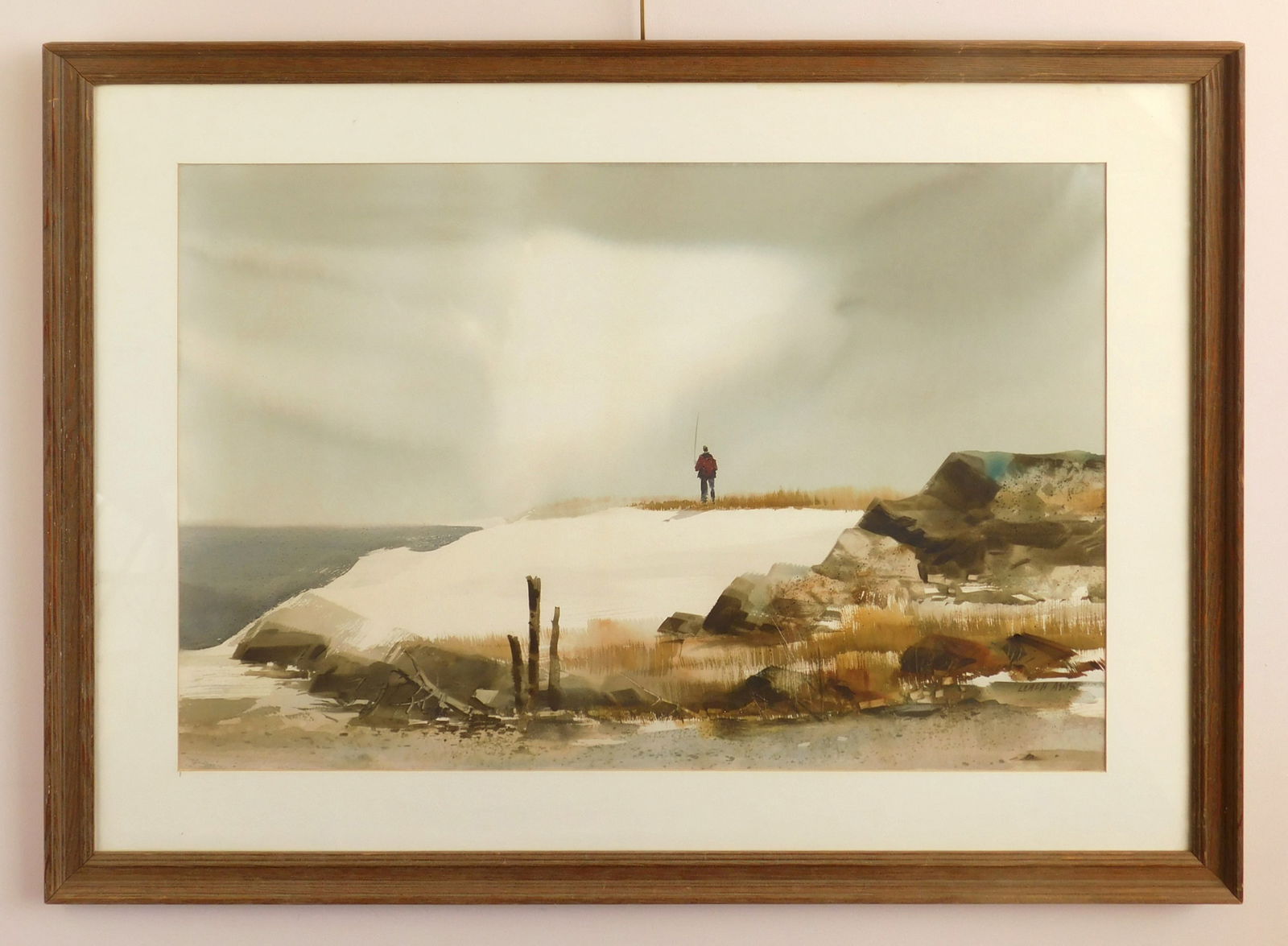 Fred Leach (American, 1924-2006) watercolor: Lone Man in Landscape watercolor on illustration board, signed Leach lower right, matted and framed, 24 x 34" Provenance: Private collection- Brimfield, OH *** PLEASE READ: IMPOR
