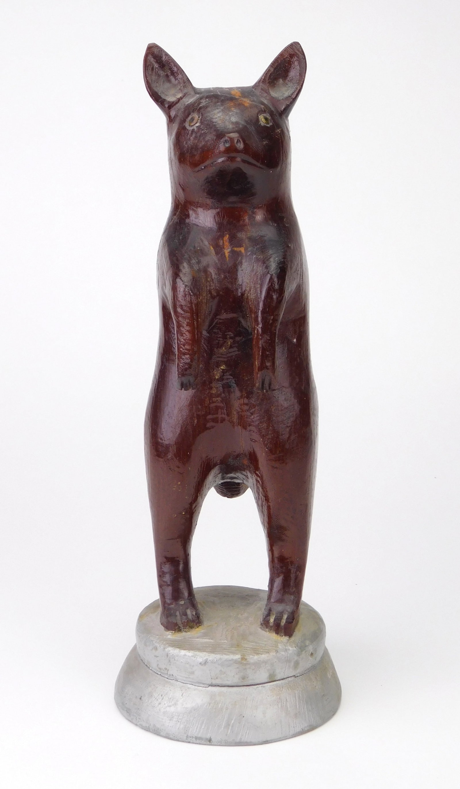 Silvio P. Zoratti (Italian/ American 1896-1992) sculpture: Dog wood sculpture, 1965, stamped Made by Silvio Zoratti 1965 at base. 12 x 3 x 4" Provenance: Private collection- Ashtabula, OH *** PLEASE READ: IMPORTANT NOT