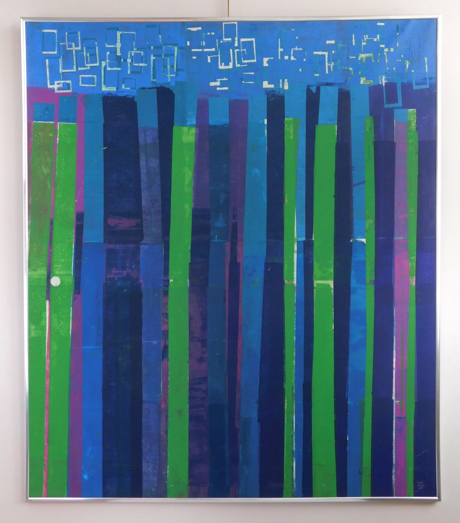 Phyllis Seltzer (American, 1928-2023) oil and collage: Vertical/ Scape oil and collage on canvas, 1967, signed Phyllis Seltzer 1967 lower right, framed. 56 1/4 x 48" Exhibited: The 49th May Show- The Cleveland Museum of Art, Clevelan