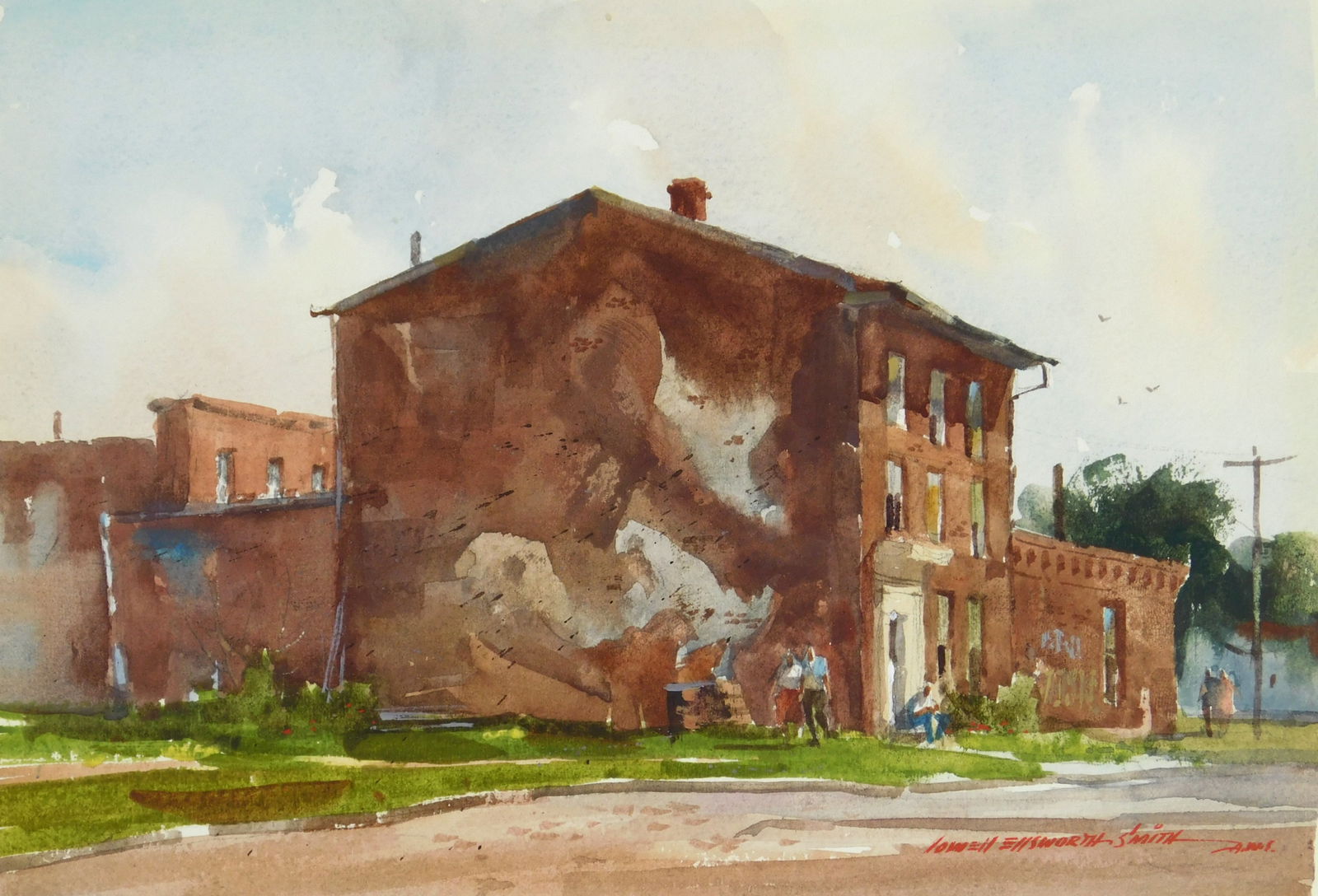 Lowell Ellsworth Smith (American, 1924-2008) watercolor: Red Brick Building watercolor on paper, signed Lowell Ellsworth Smith A.W. S. lower right, matted and framed. 7 x 10" The proceeds from the sale will benefit the Hudson Society of Artists-