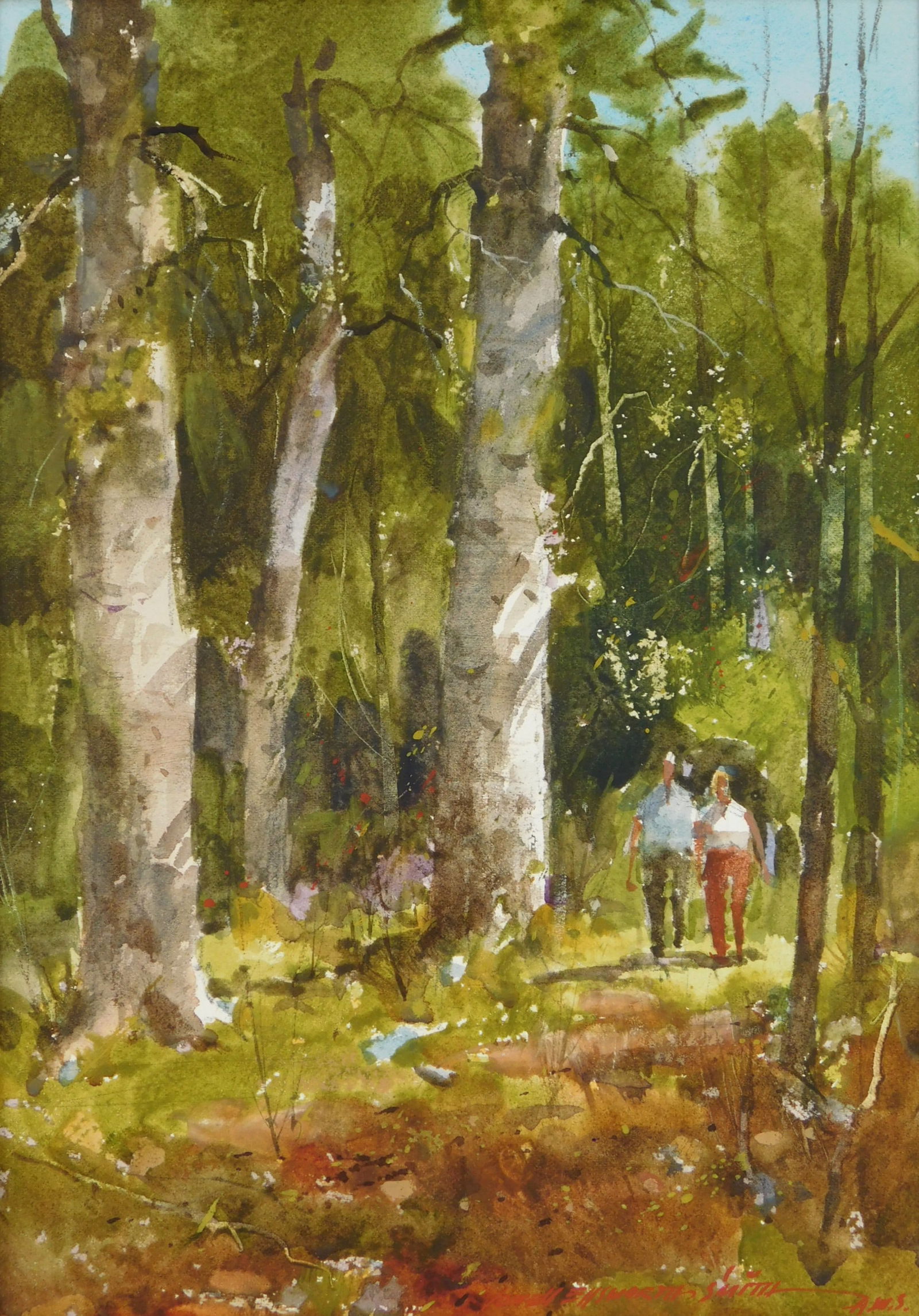 Lowell Ellsworth Smith (American, 1924-2008) watercolor: Two Figures Walking in the Woods watercolor on paper, signed Lowell Ellsworth Smith A.W.S. lower right, matted and framed. 10 x 7" The proceeds from this sale will benefit the Hudson Societ